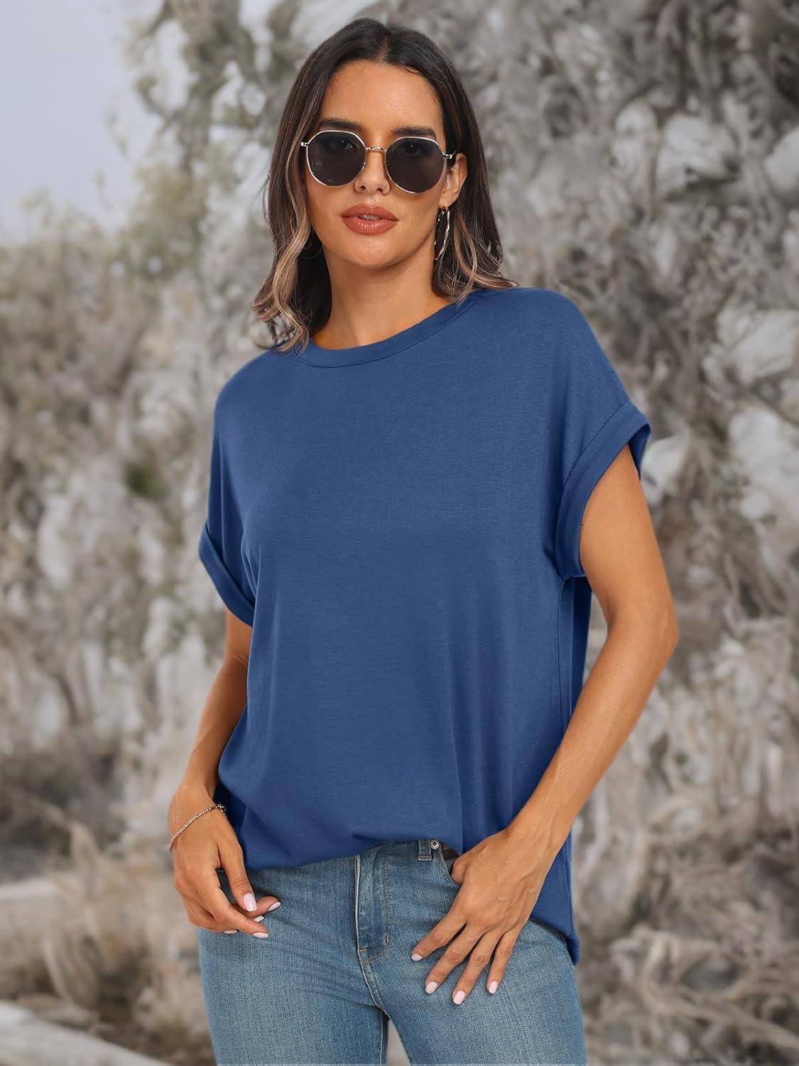 imageAUTOMET Womens Summer Tops Oversized Short Sleeve Business Casual T Shirts Trendy Fashion Clothes Spring Outfits 2025Blue