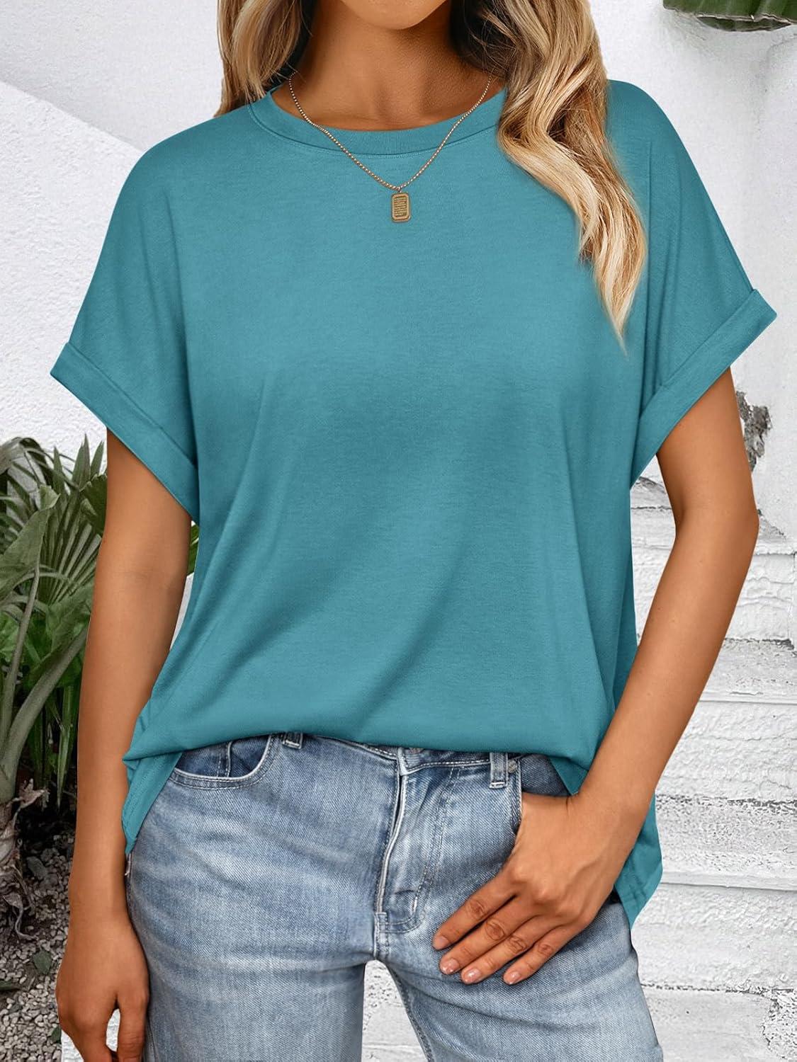 imageAUTOMET Womens Summer Tops Oversized Short Sleeve Business Casual T Shirts Trendy Fashion Clothes Spring Outfits 2025Blue Green