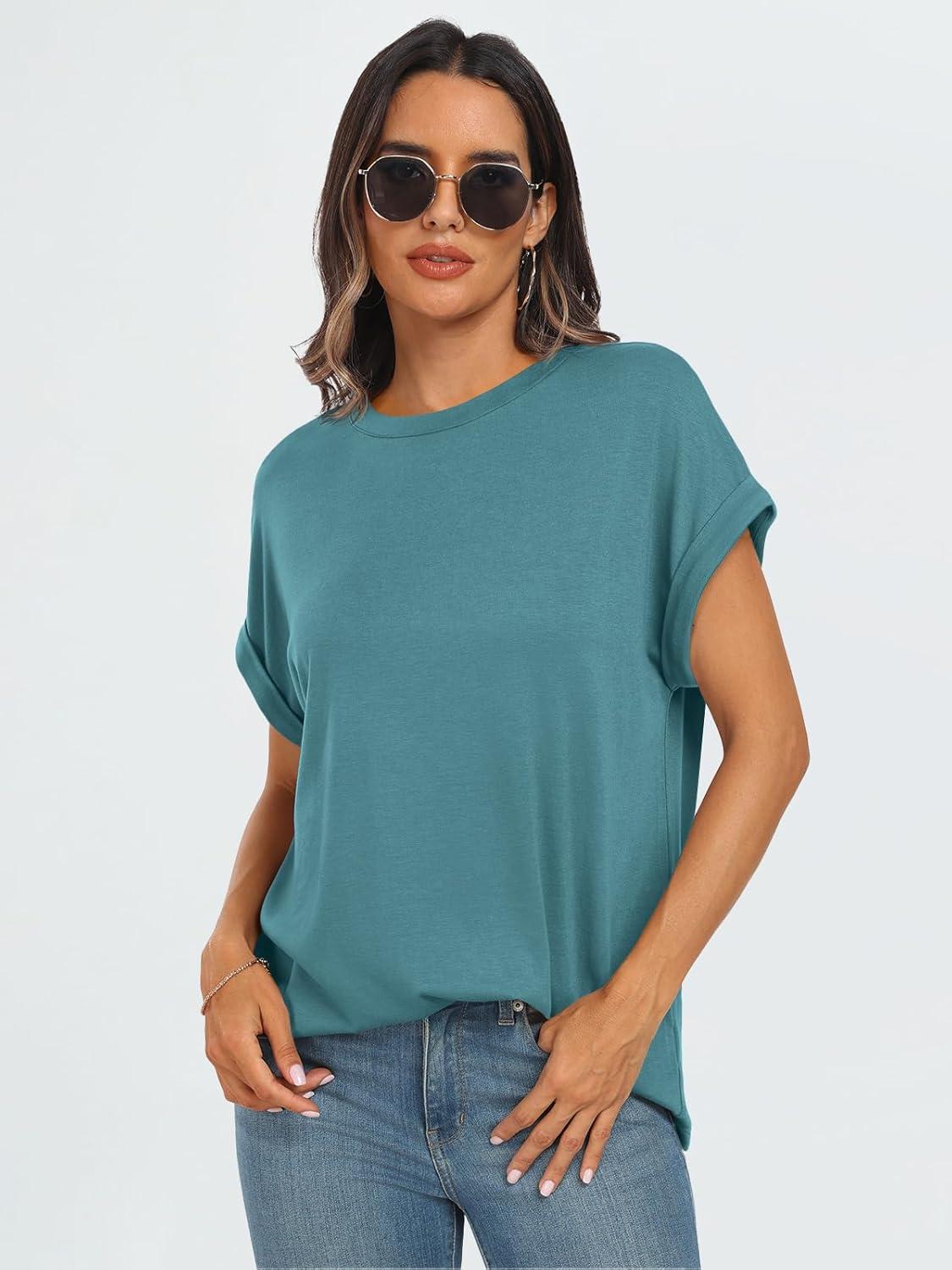 imageAUTOMET Womens Summer Tops Oversized Short Sleeve Business Casual T Shirts Trendy Fashion Clothes Spring Outfits 2025Blue Green