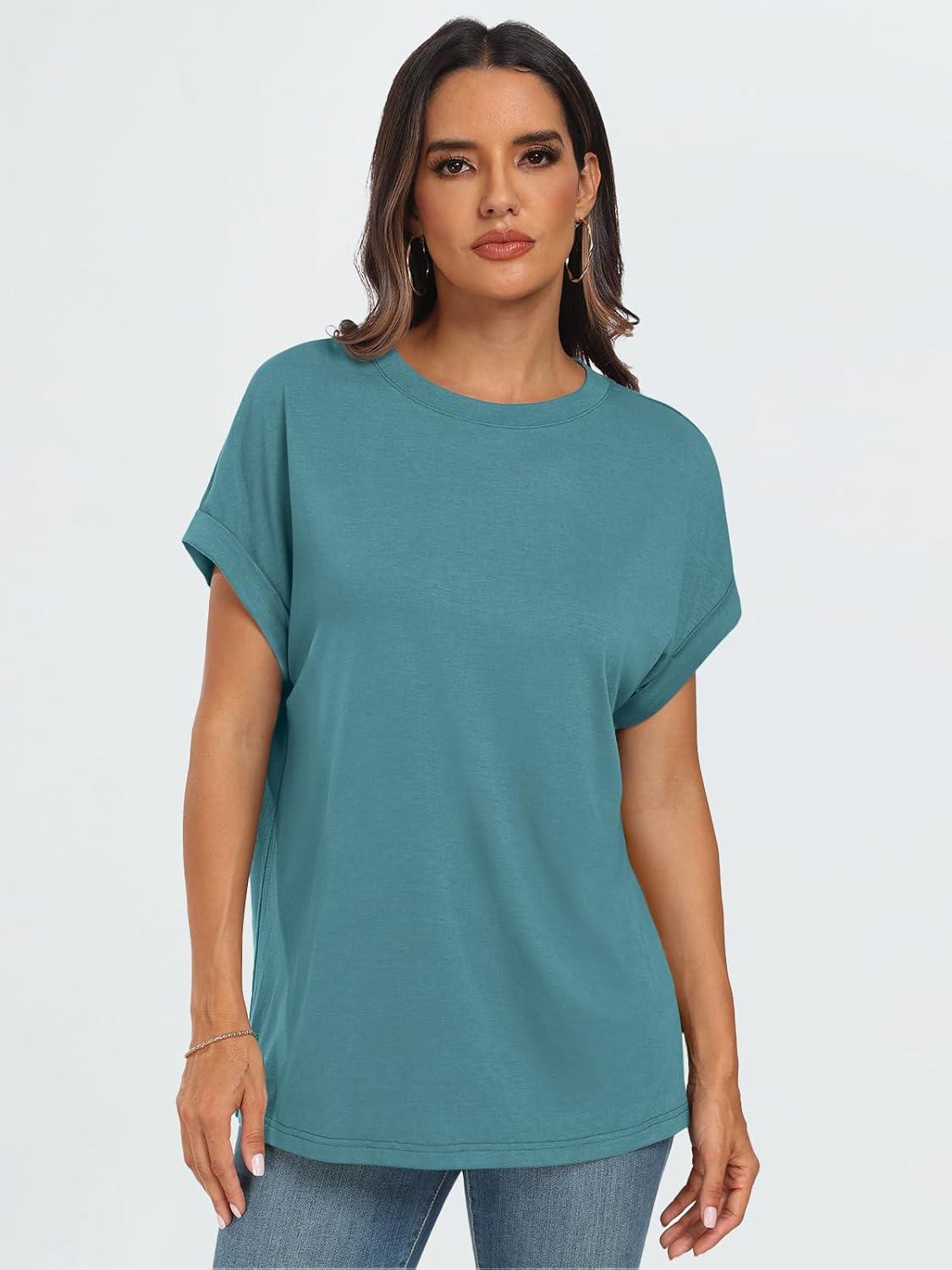 imageAUTOMET Womens Summer Tops Oversized Short Sleeve Business Casual T Shirts Trendy Fashion Clothes Spring Outfits 2025Blue Green