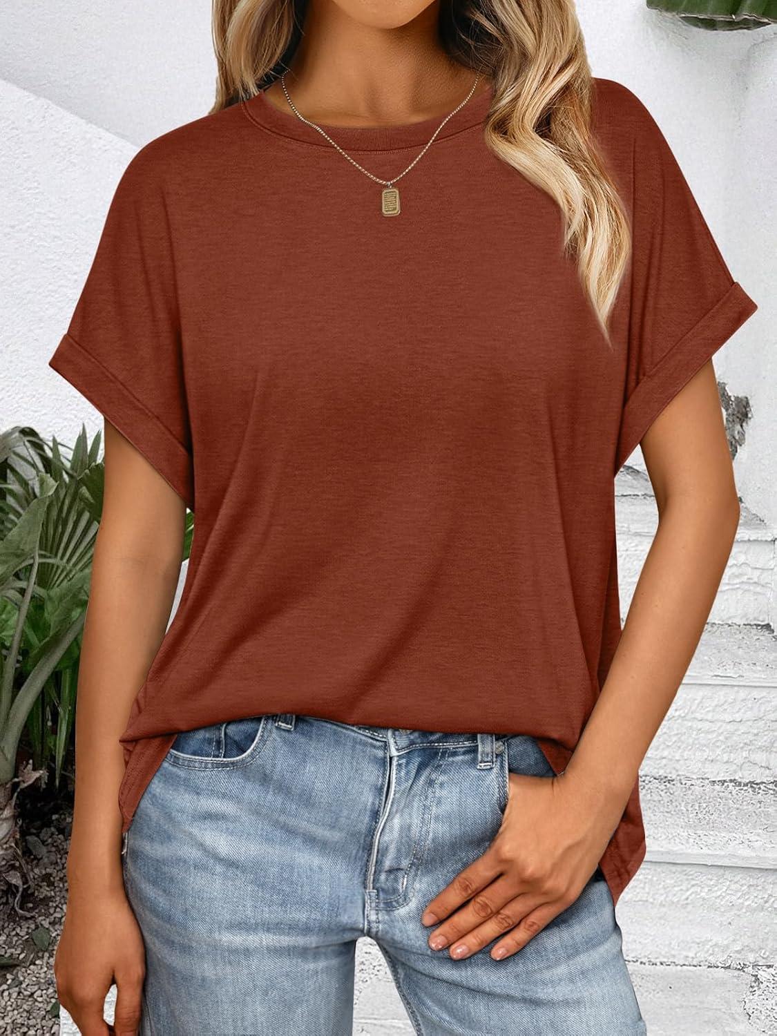 imageAUTOMET Womens Summer Tops Oversized Short Sleeve Business Casual T Shirts Trendy Fashion Clothes Spring Outfits 2025Brick Red