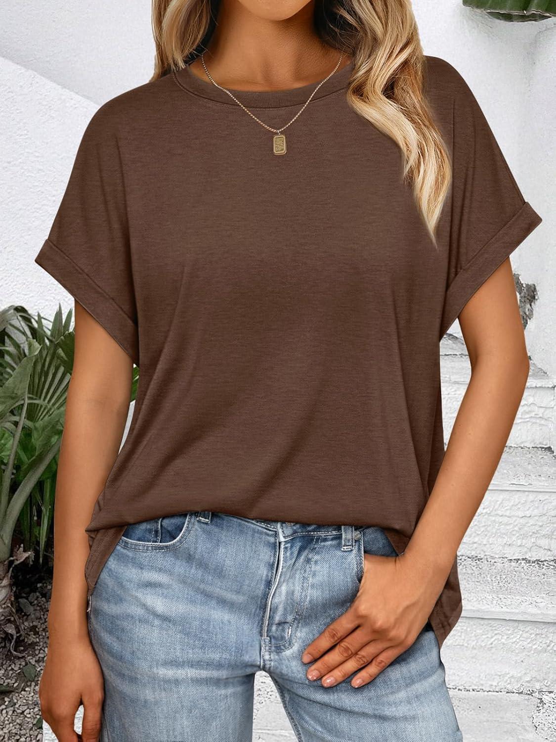 imageAUTOMET Womens Summer Tops Oversized Short Sleeve Business Casual T Shirts Trendy Fashion Clothes Spring Outfits 2025Brown