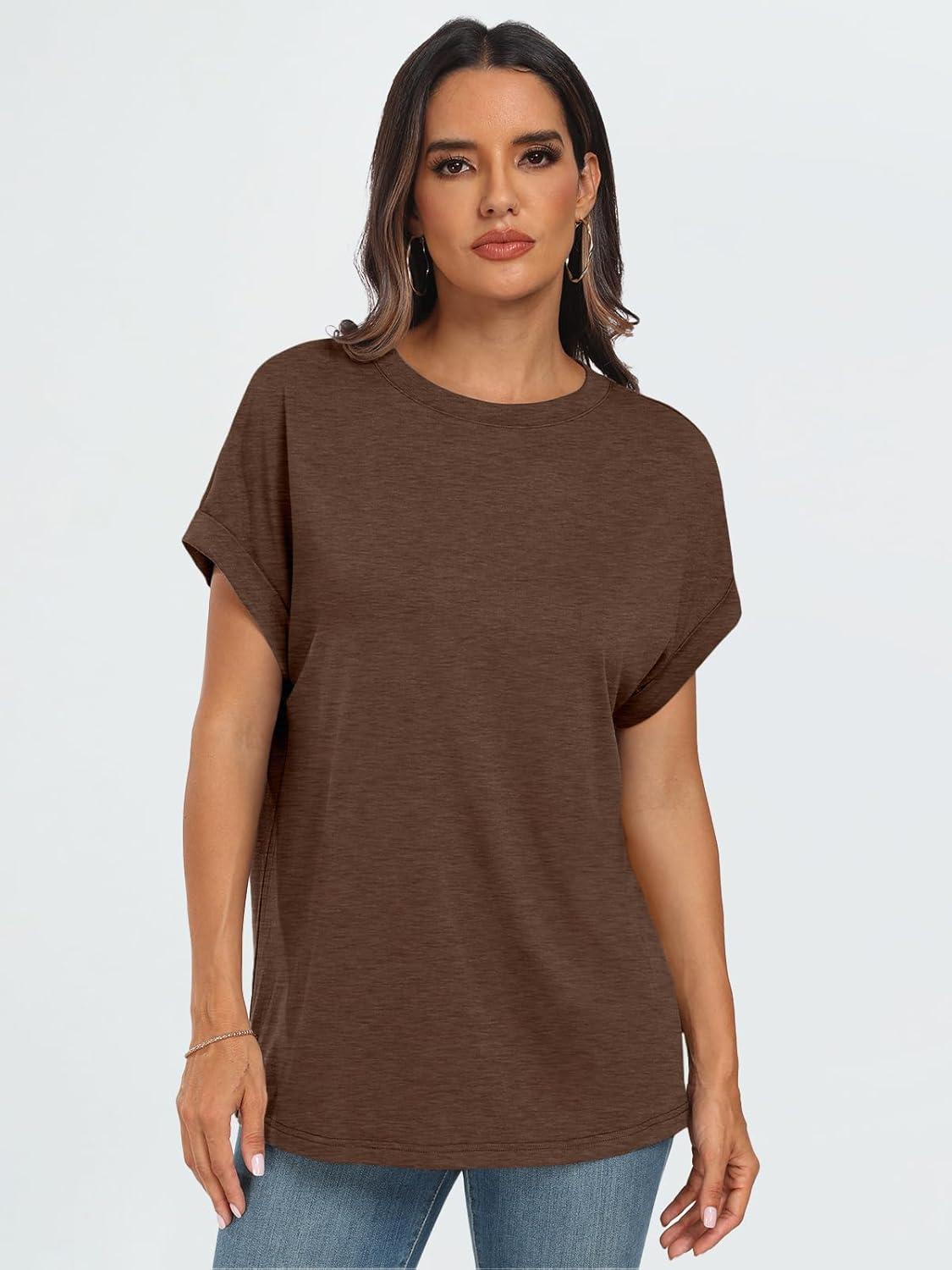 imageAUTOMET Womens Summer Tops Oversized Short Sleeve Business Casual T Shirts Trendy Fashion Clothes Spring Outfits 2025Brown