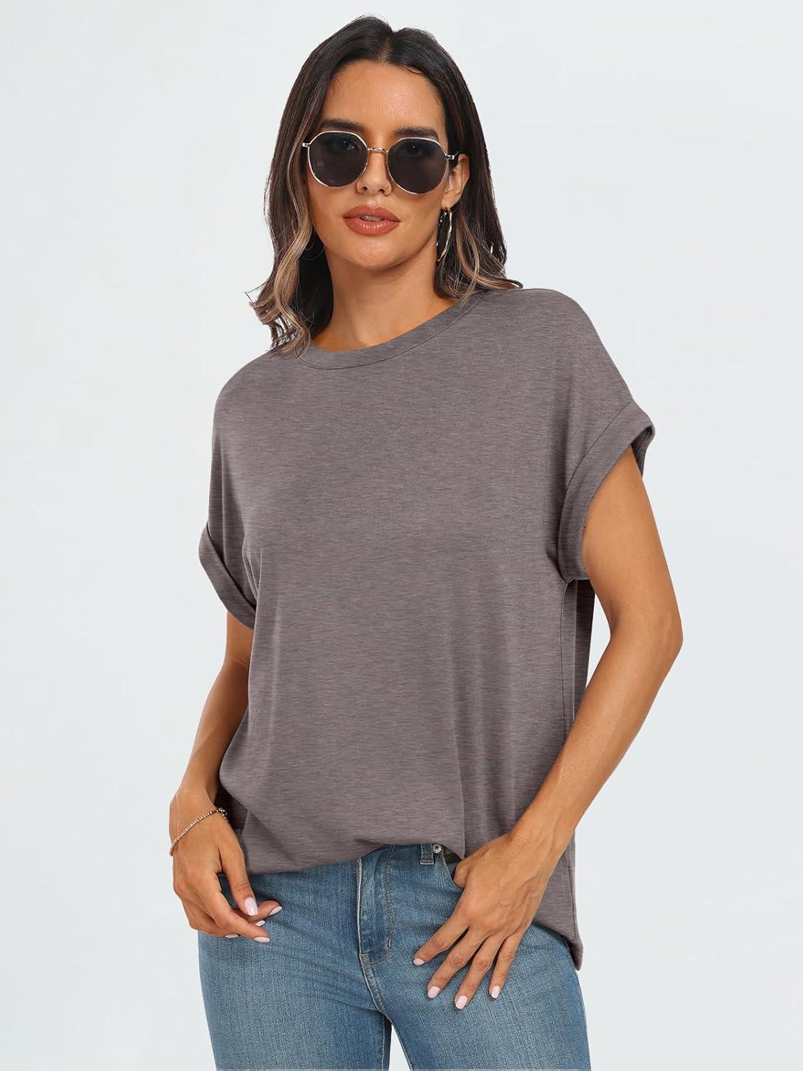 imageAUTOMET Womens Summer Tops Oversized Short Sleeve Business Casual T Shirts Trendy Fashion Clothes Spring Outfits 2025Coffee Grey