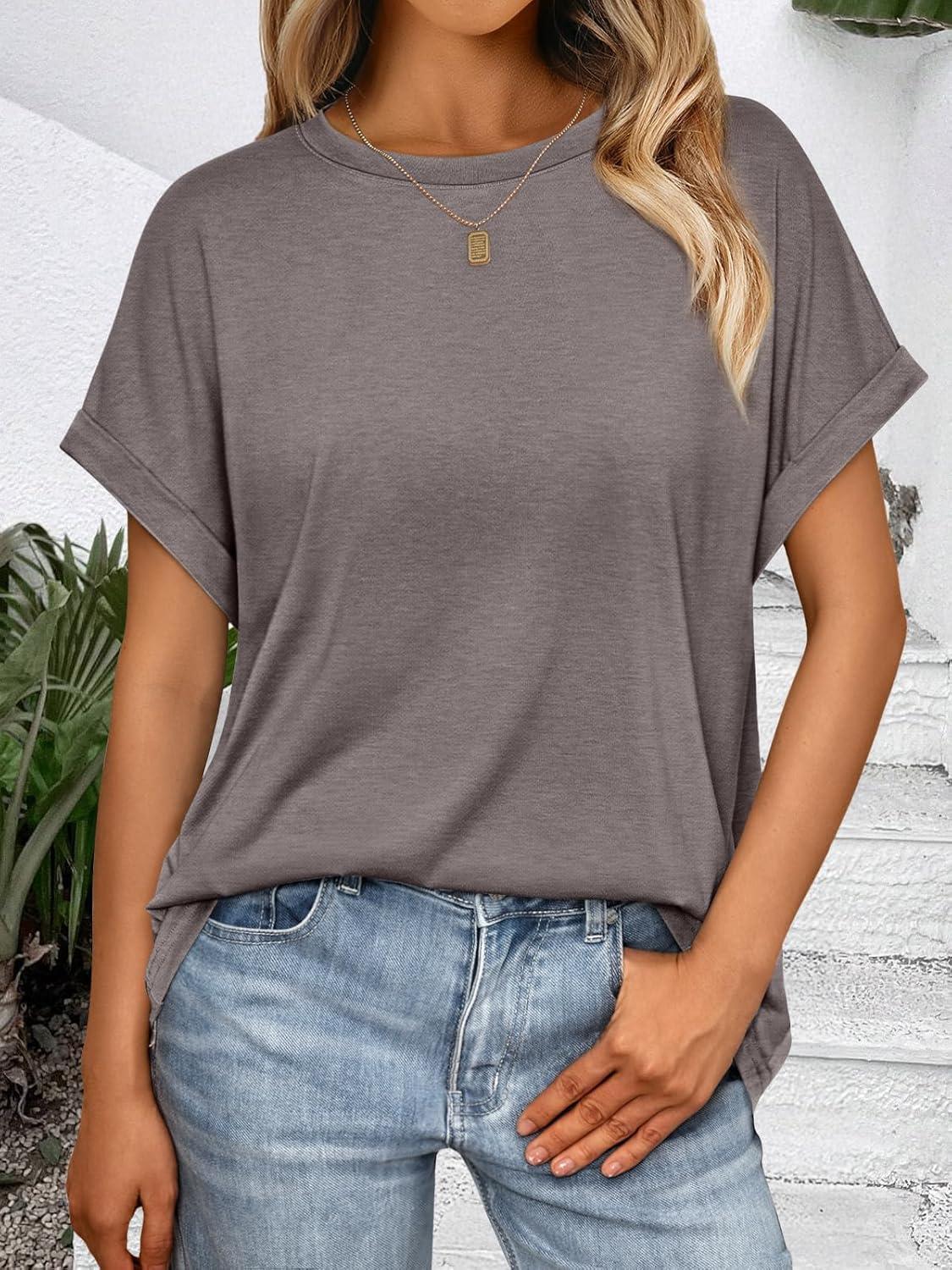 imageAUTOMET Womens Summer Tops Oversized Short Sleeve Business Casual T Shirts Trendy Fashion Clothes Spring Outfits 2025Coffee Grey