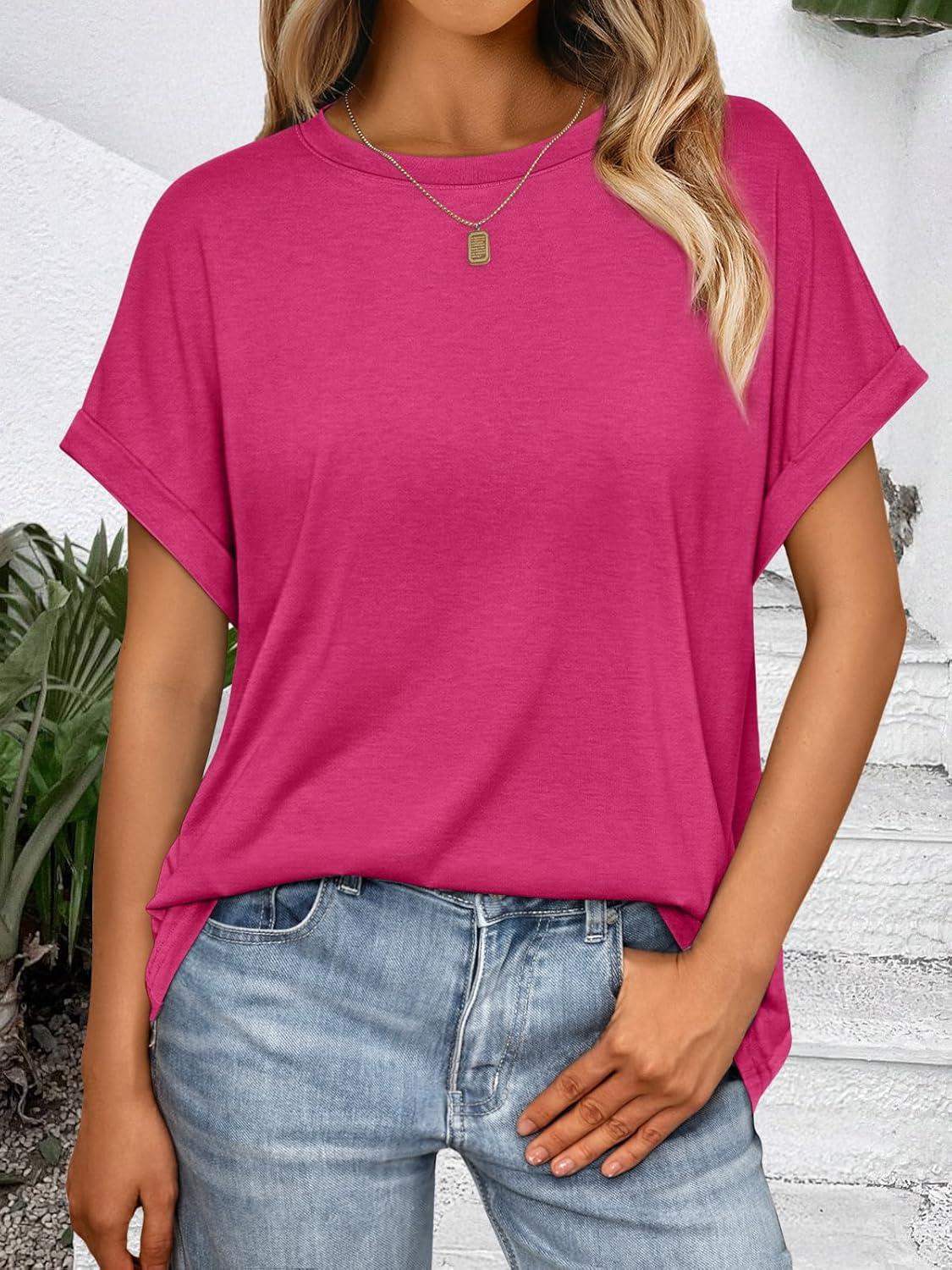 imageAUTOMET Womens Summer Tops Oversized Short Sleeve Business Casual T Shirts Trendy Fashion Clothes Spring Outfits 2025Hot Pink