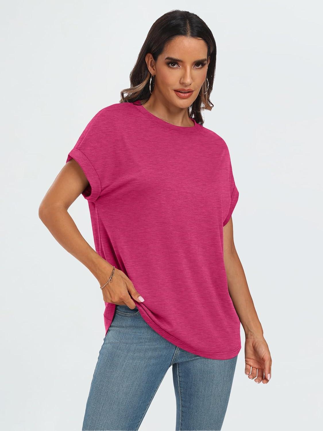 imageAUTOMET Womens Summer Tops Oversized Short Sleeve Business Casual T Shirts Trendy Fashion Clothes Spring Outfits 2025Hot Pink