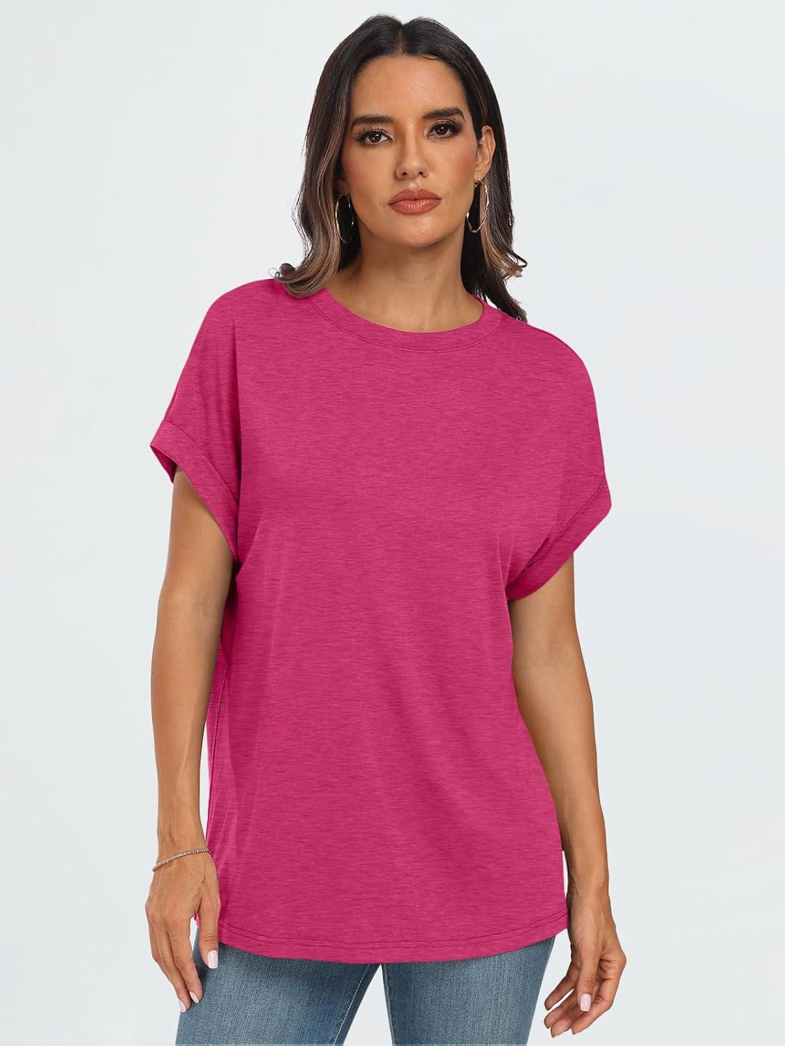 imageAUTOMET Womens Summer Tops Oversized Short Sleeve Business Casual T Shirts Trendy Fashion Clothes Spring Outfits 2025Hot Pink