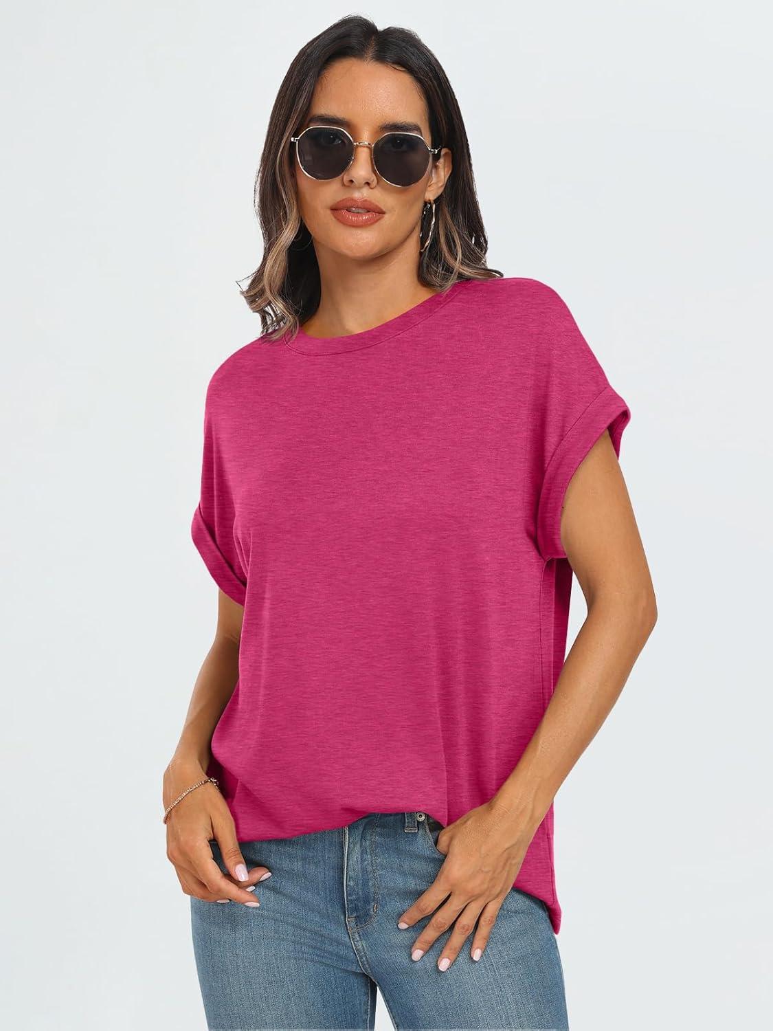 imageAUTOMET Womens Summer Tops Oversized Short Sleeve Business Casual T Shirts Trendy Fashion Clothes Spring Outfits 2025Hot Pink