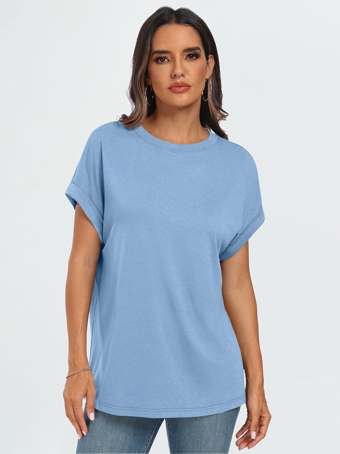 imageAUTOMET Womens Summer Tops Oversized Short Sleeve Business Casual T Shirts Trendy Fashion Clothes Spring Outfits 2025Light Blue