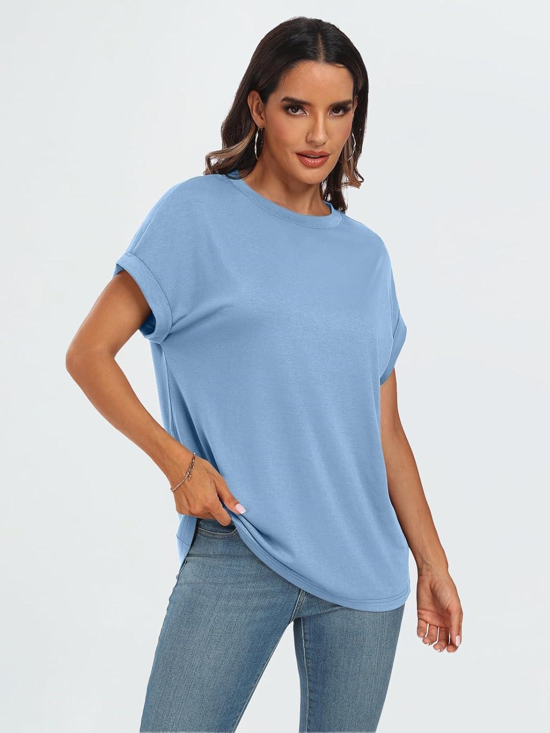 imageAUTOMET Womens Summer Tops Oversized Short Sleeve Business Casual T Shirts Trendy Fashion Clothes Spring Outfits 2025Light Blue