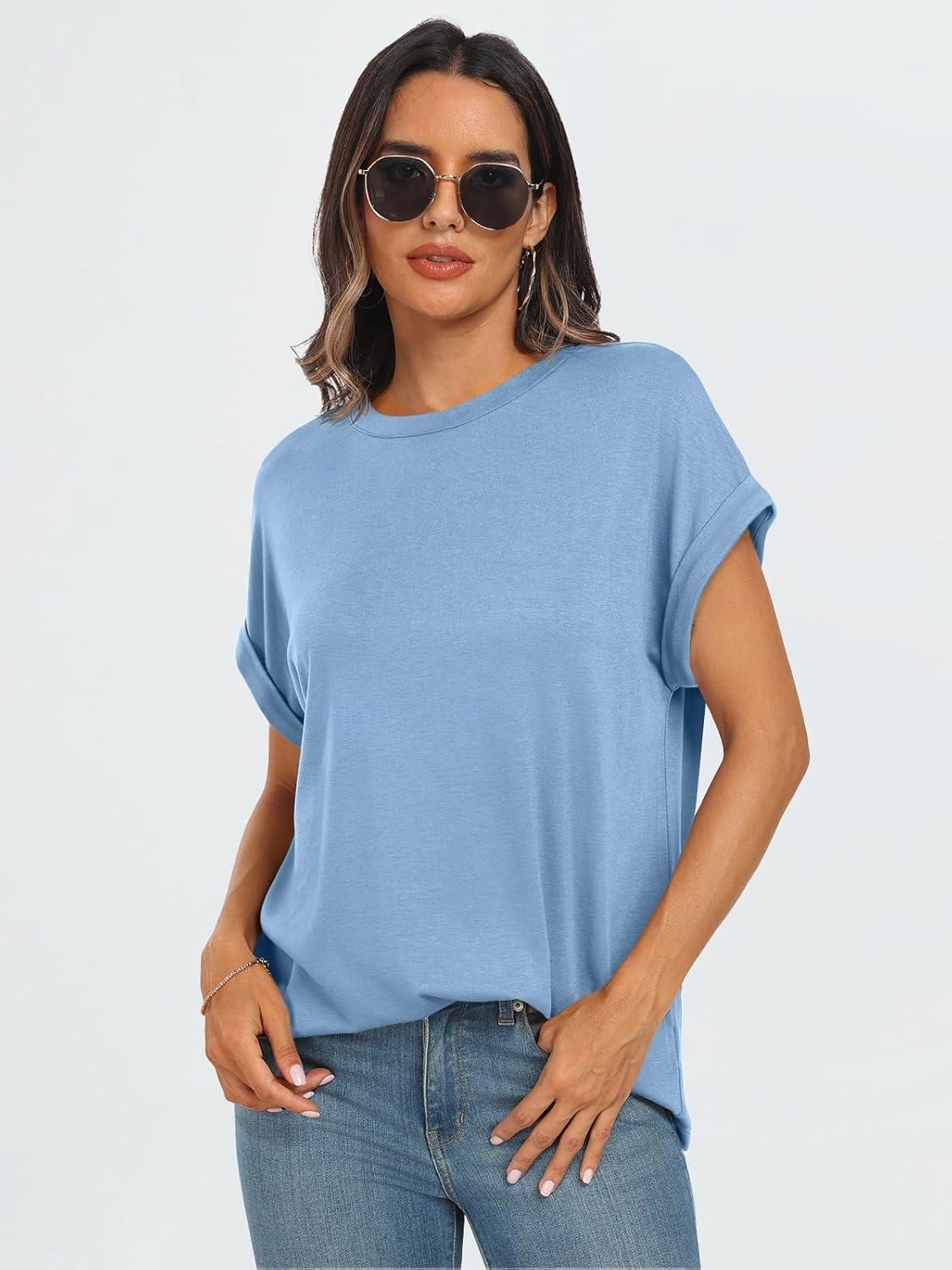 imageAUTOMET Womens Summer Tops Oversized Short Sleeve Business Casual T Shirts Trendy Fashion Clothes Spring Outfits 2025Light Blue