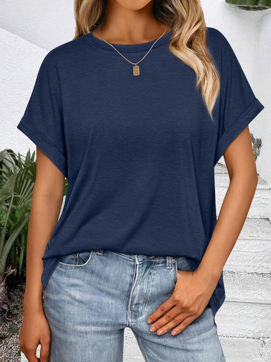 imageAUTOMET Womens Summer Tops Oversized Short Sleeve Business Casual T Shirts Trendy Fashion Clothes Spring Outfits 2025Navy