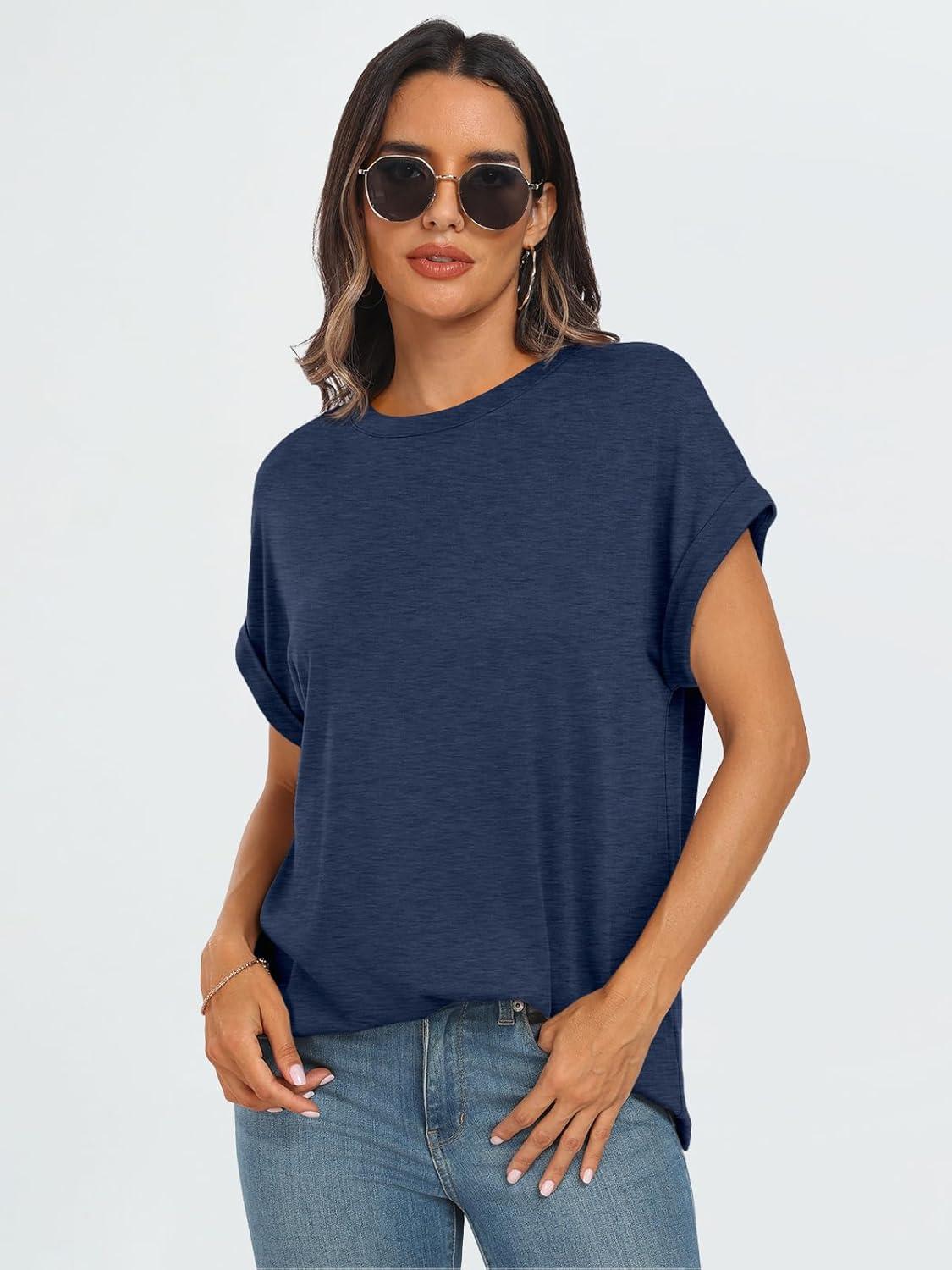 imageAUTOMET Womens Summer Tops Oversized Short Sleeve Business Casual T Shirts Trendy Fashion Clothes Spring Outfits 2025Navy