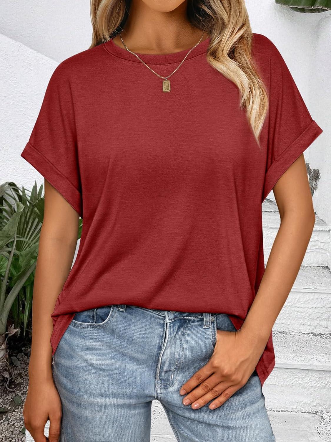 imageAUTOMET Womens Summer Tops Oversized Short Sleeve Business Casual T Shirts Trendy Fashion Clothes Spring Outfits 2025Red