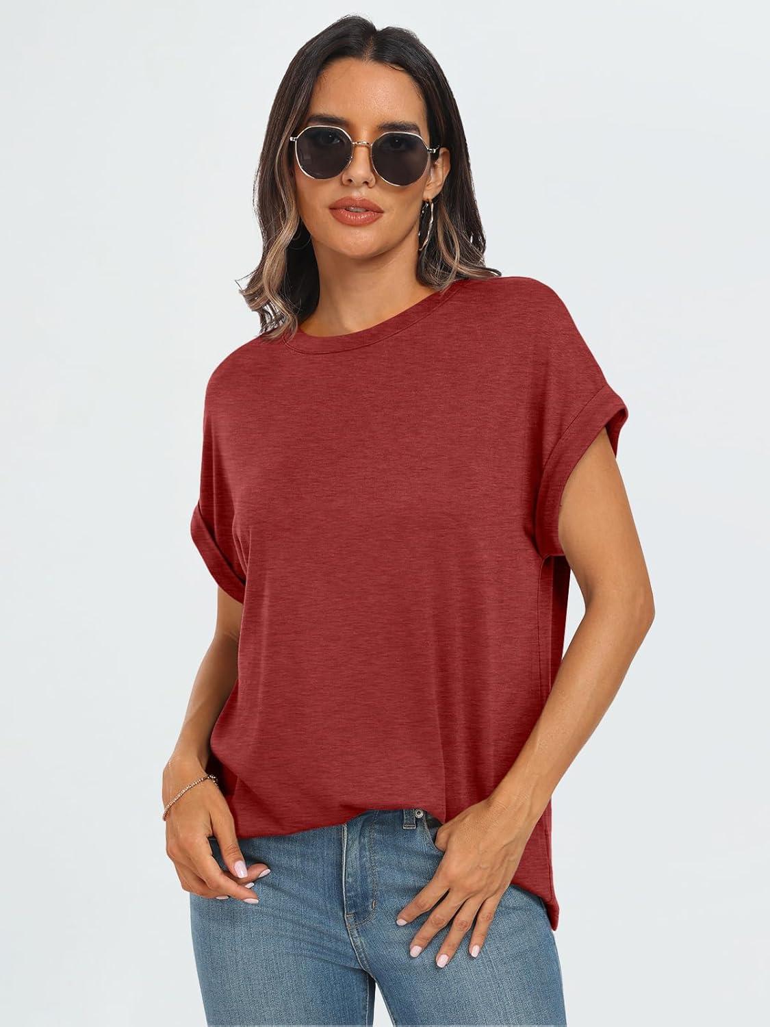 imageAUTOMET Womens Summer Tops Oversized Short Sleeve Business Casual T Shirts Trendy Fashion Clothes Spring Outfits 2025Red