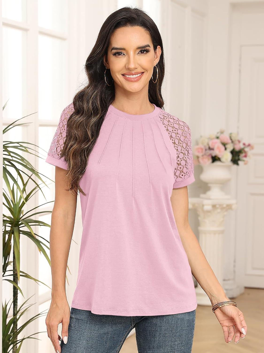 imageAUTOMET Womens Summer Tops Spring Shirts Trendy Vacation Outfits Short Sleeve Business Tshirts Fashion Casual BlousesPink