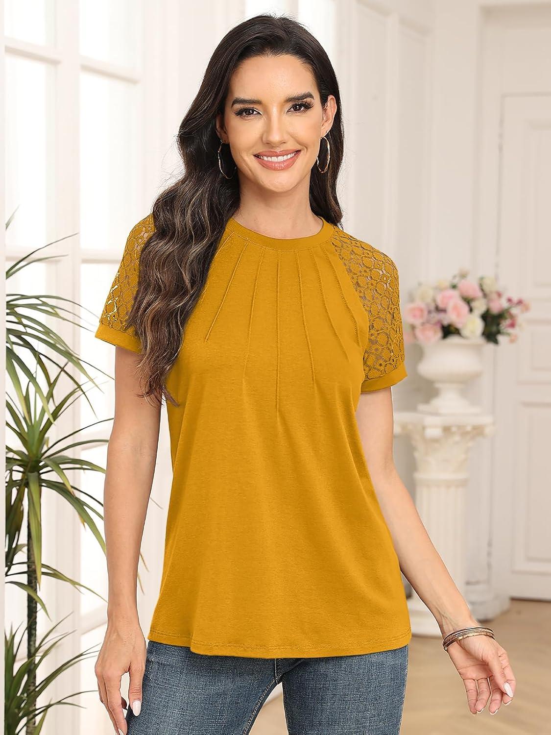 imageAUTOMET Womens Summer Tops Spring Shirts Trendy Vacation Outfits Short Sleeve Business Tshirts Fashion Casual BlousesYellow