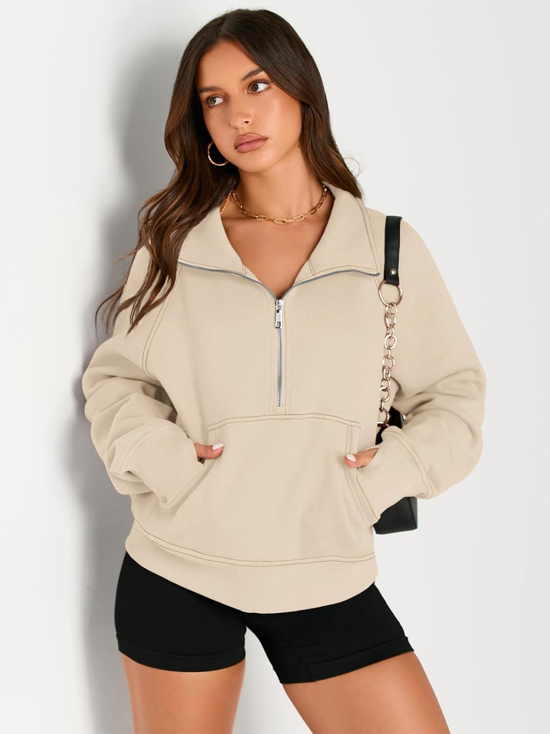 imageAUTOMET Womens Sweatshirts Half Zip Cropped Pullover Fleece Quarter Zipper Hoodies 2025 Fall Fashion Outfits ClothesApricot