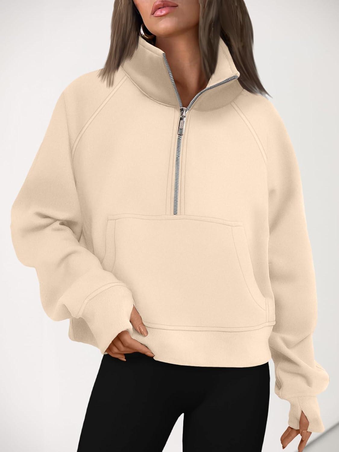 imageAUTOMET Womens Sweatshirts Half Zip Cropped Pullover Fleece Quarter Zipper Hoodies 2025 Fall Fashion Outfits ClothesApricot