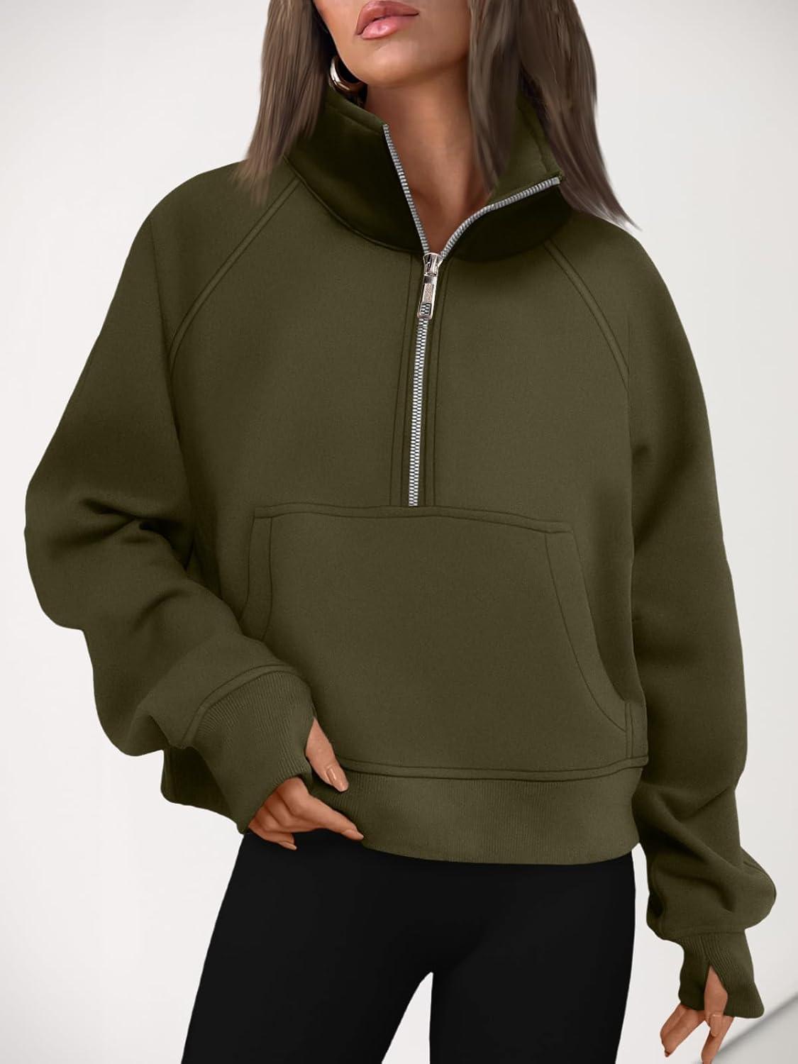 imageAUTOMET Womens Sweatshirts Half Zip Cropped Pullover Fleece Quarter Zipper Hoodies 2025 Fall Fashion Outfits ClothesArmygreen