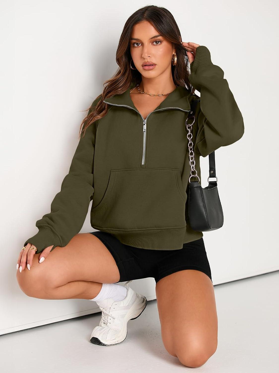 imageAUTOMET Womens Sweatshirts Half Zip Cropped Pullover Fleece Quarter Zipper Hoodies 2025 Fall Fashion Outfits ClothesArmygreen