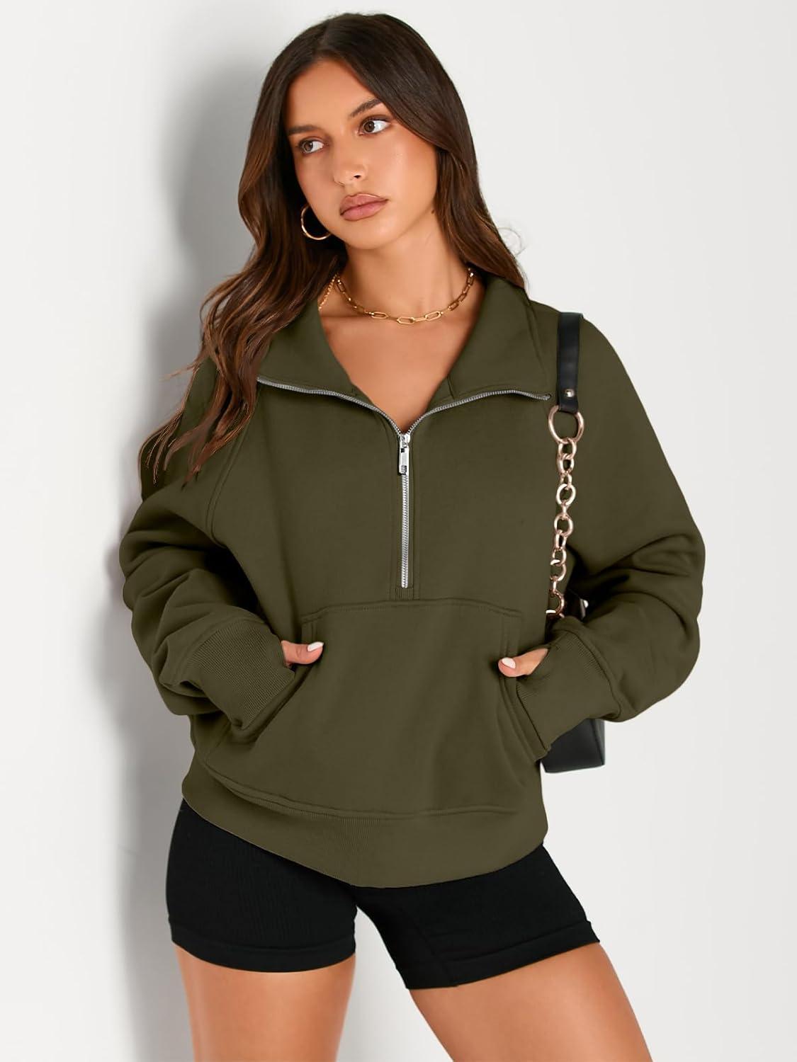 imageAUTOMET Womens Sweatshirts Half Zip Cropped Pullover Fleece Quarter Zipper Hoodies 2025 Fall Fashion Outfits ClothesArmygreen