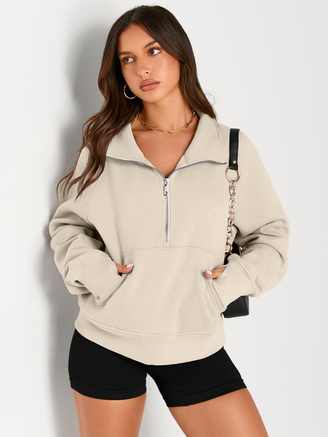 imageAUTOMET Womens Sweatshirts Half Zip Cropped Pullover Fleece Quarter Zipper Hoodies 2025 Fall Fashion Outfits ClothesBeige