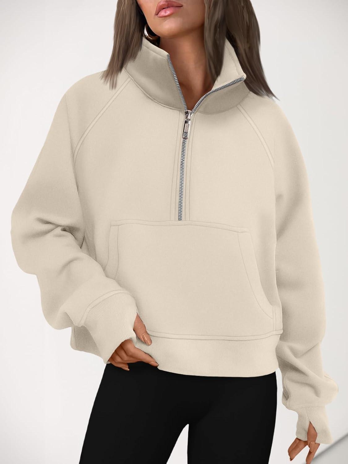 imageAUTOMET Womens Sweatshirts Half Zip Cropped Pullover Fleece Quarter Zipper Hoodies 2025 Fall Fashion Outfits ClothesBeige
