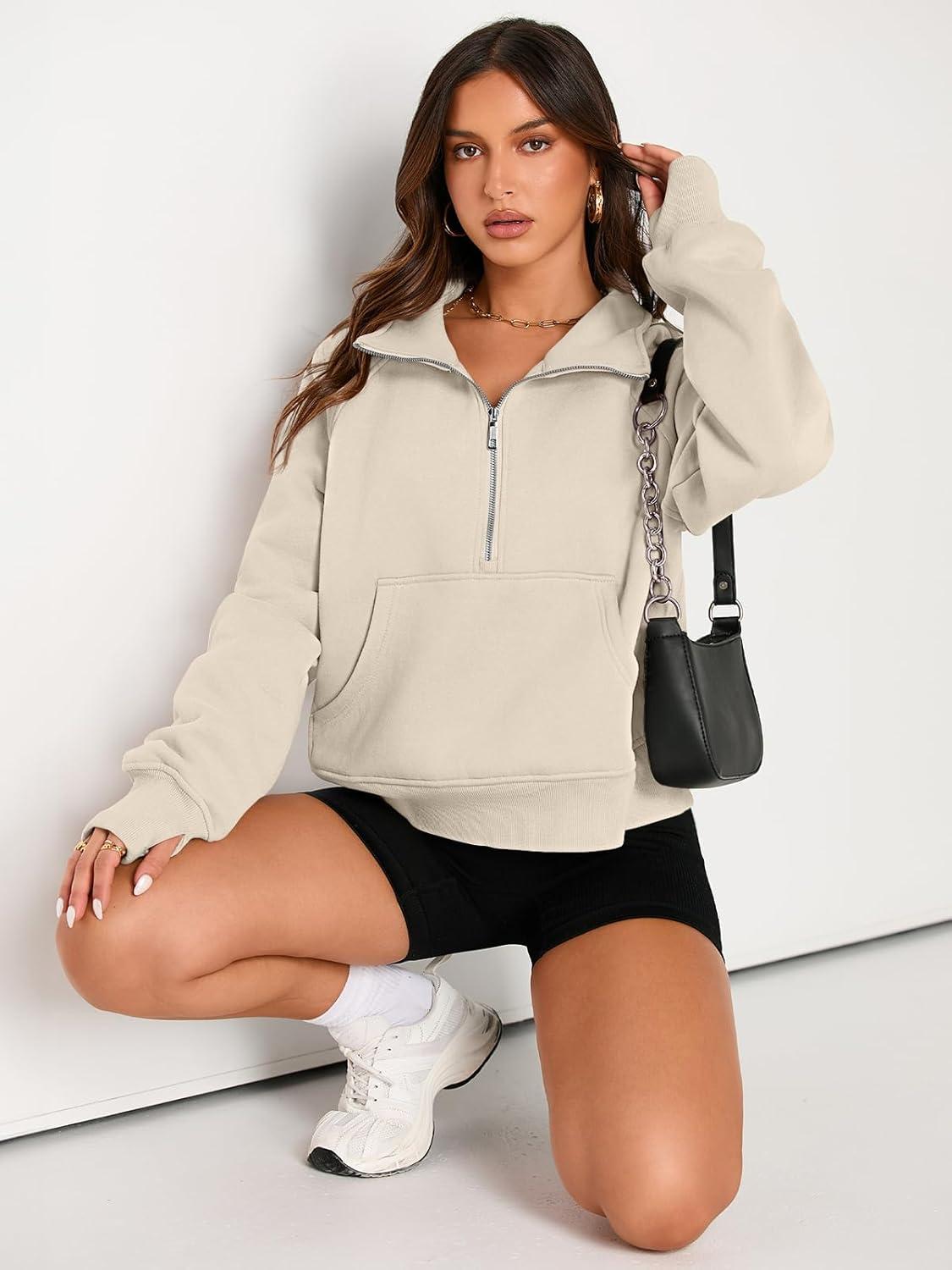 imageAUTOMET Womens Sweatshirts Half Zip Cropped Pullover Fleece Quarter Zipper Hoodies 2025 Fall Fashion Outfits ClothesBeige