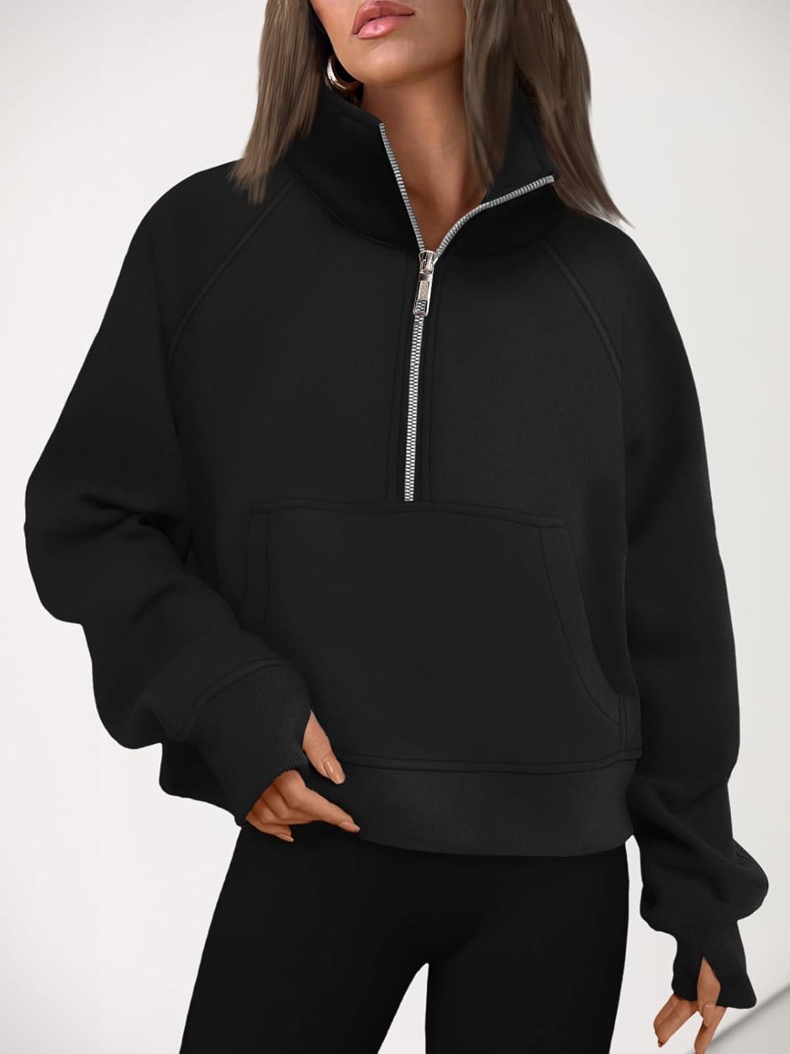 imageAUTOMET Womens Sweatshirts Half Zip Cropped Pullover Fleece Quarter Zipper Hoodies 2025 Fall Fashion Outfits ClothesBlack