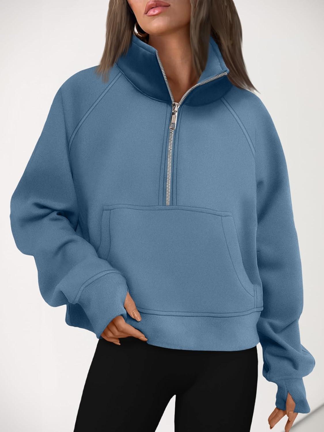 imageAUTOMET Womens Sweatshirts Half Zip Cropped Pullover Fleece Quarter Zipper Hoodies 2025 Fall Fashion Outfits ClothesBlue