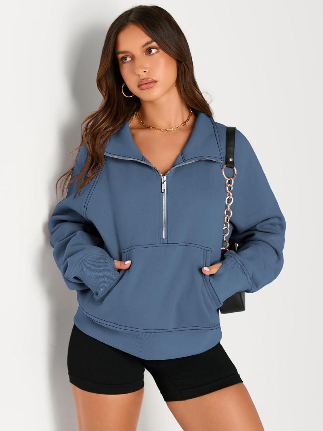 imageAUTOMET Womens Sweatshirts Half Zip Cropped Pullover Fleece Quarter Zipper Hoodies 2025 Fall Fashion Outfits ClothesBlue