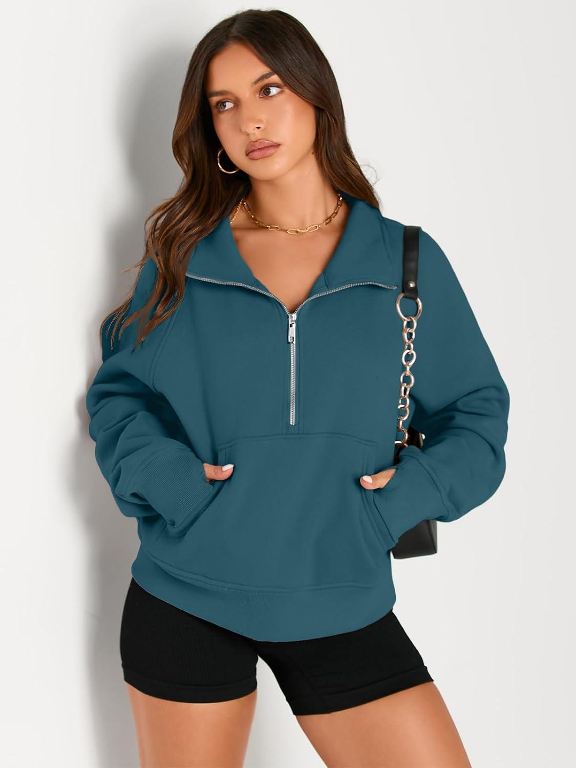 imageAUTOMET Womens Sweatshirts Half Zip Cropped Pullover Fleece Quarter Zipper Hoodies 2025 Fall Fashion Outfits ClothesBluegreen