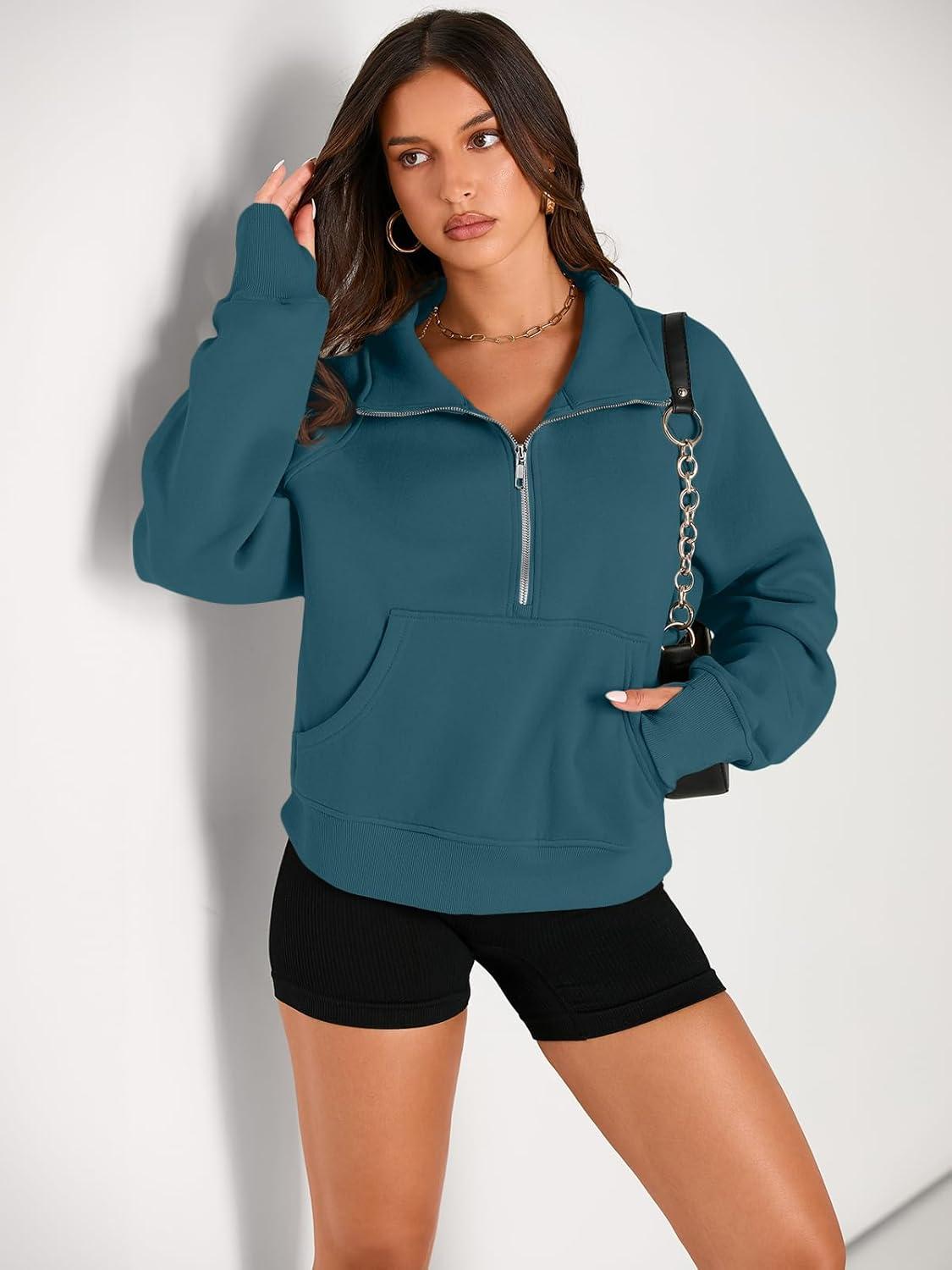 imageAUTOMET Womens Sweatshirts Half Zip Cropped Pullover Fleece Quarter Zipper Hoodies 2025 Fall Fashion Outfits ClothesBluegreen