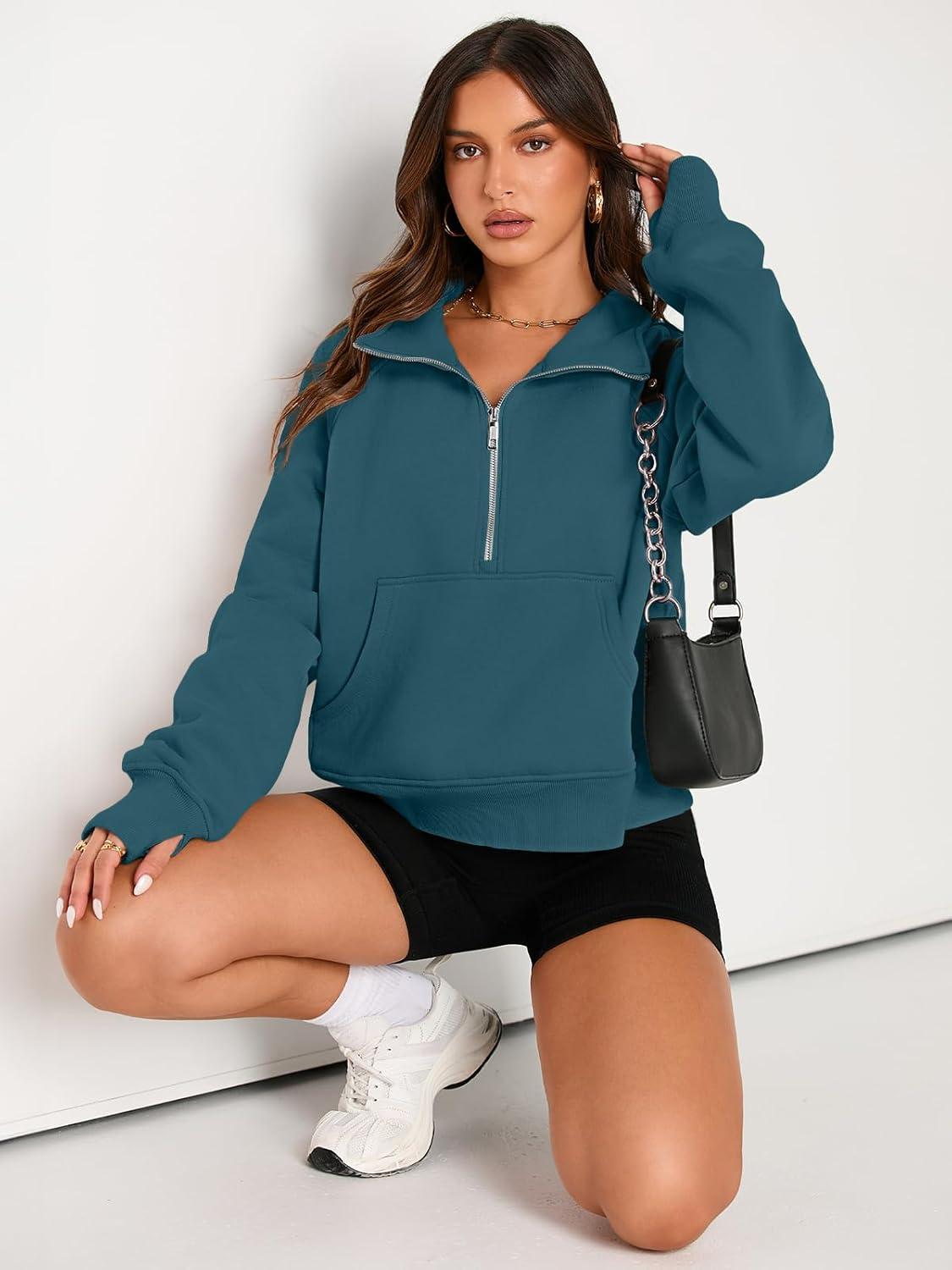 imageAUTOMET Womens Sweatshirts Half Zip Cropped Pullover Fleece Quarter Zipper Hoodies 2025 Fall Fashion Outfits ClothesBluegreen