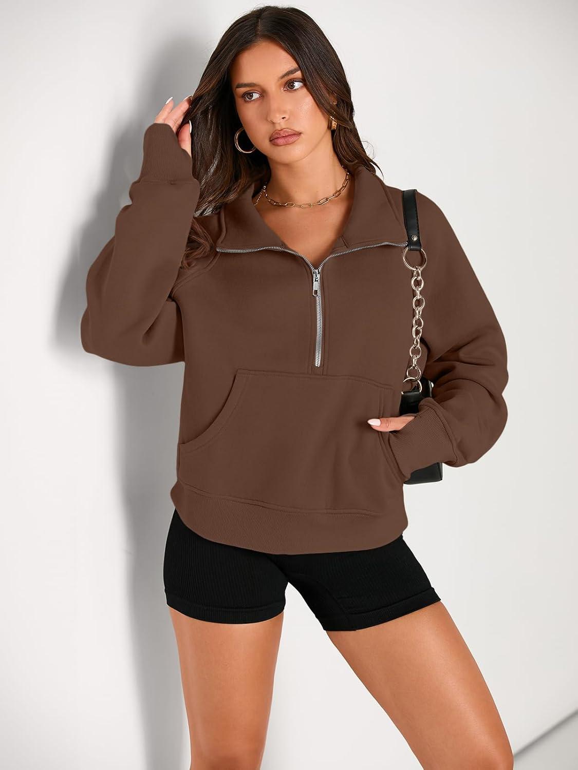 imageAUTOMET Womens Sweatshirts Half Zip Cropped Pullover Fleece Quarter Zipper Hoodies 2025 Fall Fashion Outfits ClothesBrown