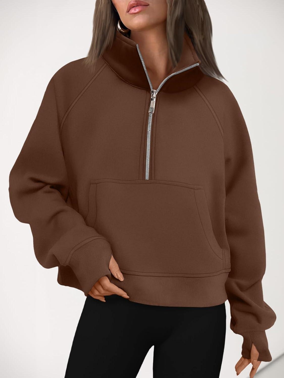 imageAUTOMET Womens Sweatshirts Half Zip Cropped Pullover Fleece Quarter Zipper Hoodies 2025 Fall Fashion Outfits ClothesBrown