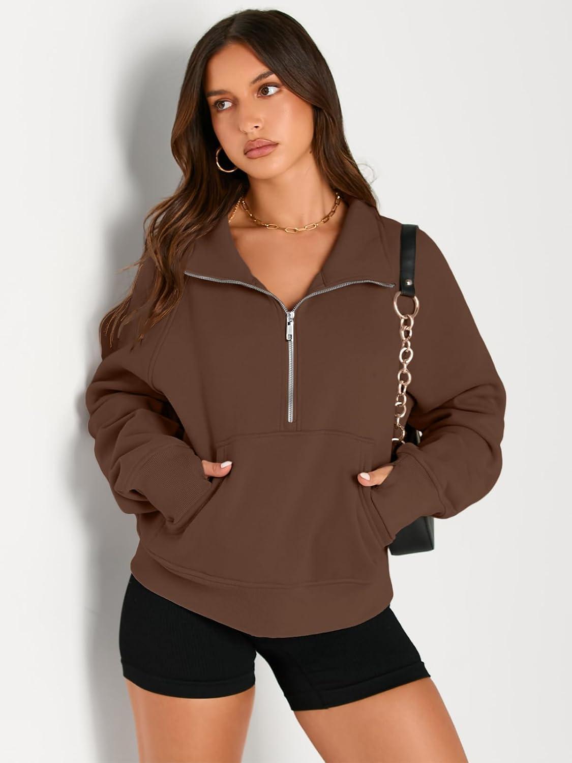 imageAUTOMET Womens Sweatshirts Half Zip Cropped Pullover Fleece Quarter Zipper Hoodies 2025 Fall Fashion Outfits ClothesBrown