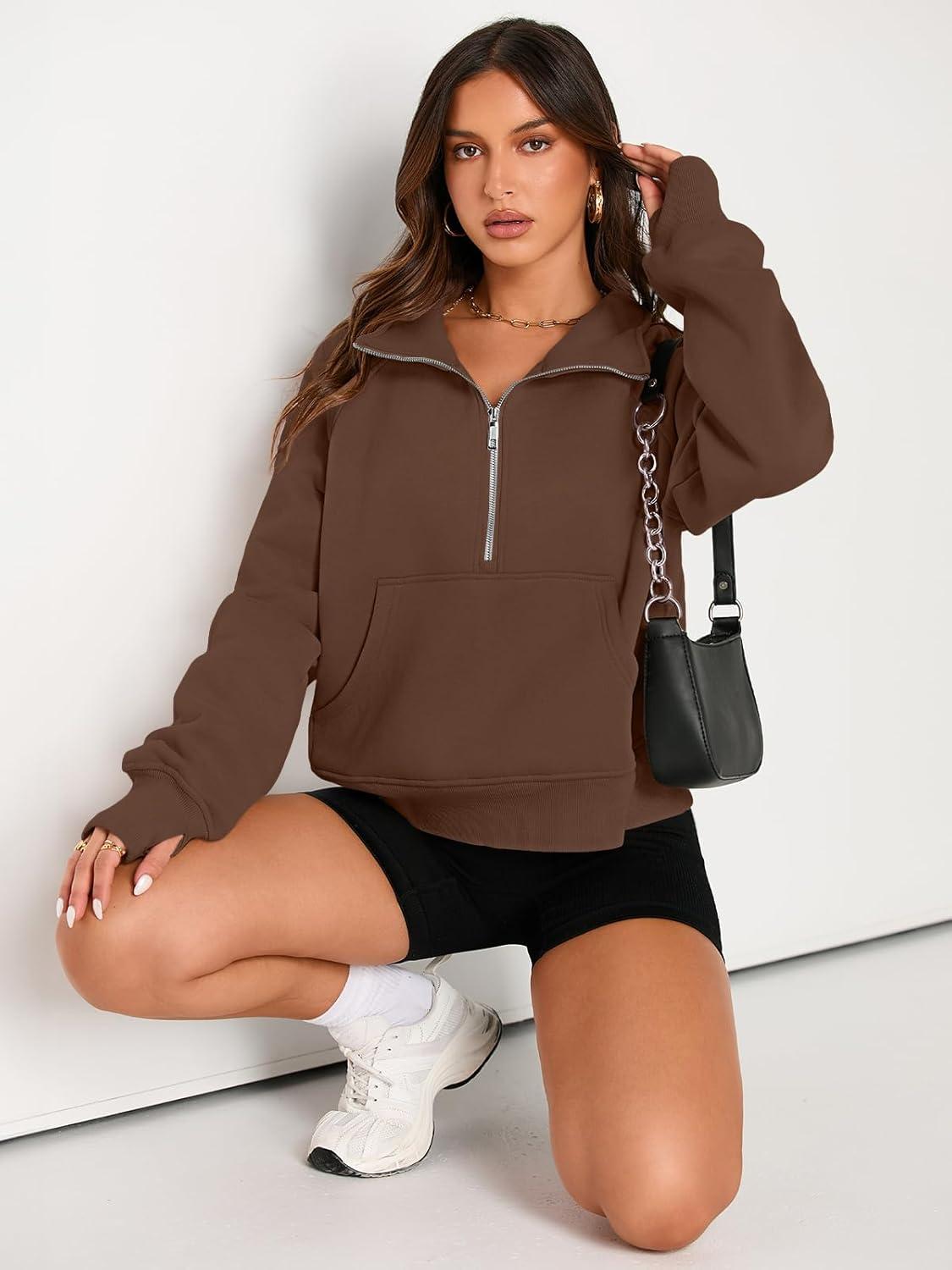 imageAUTOMET Womens Sweatshirts Half Zip Cropped Pullover Fleece Quarter Zipper Hoodies 2025 Fall Fashion Outfits ClothesBrown