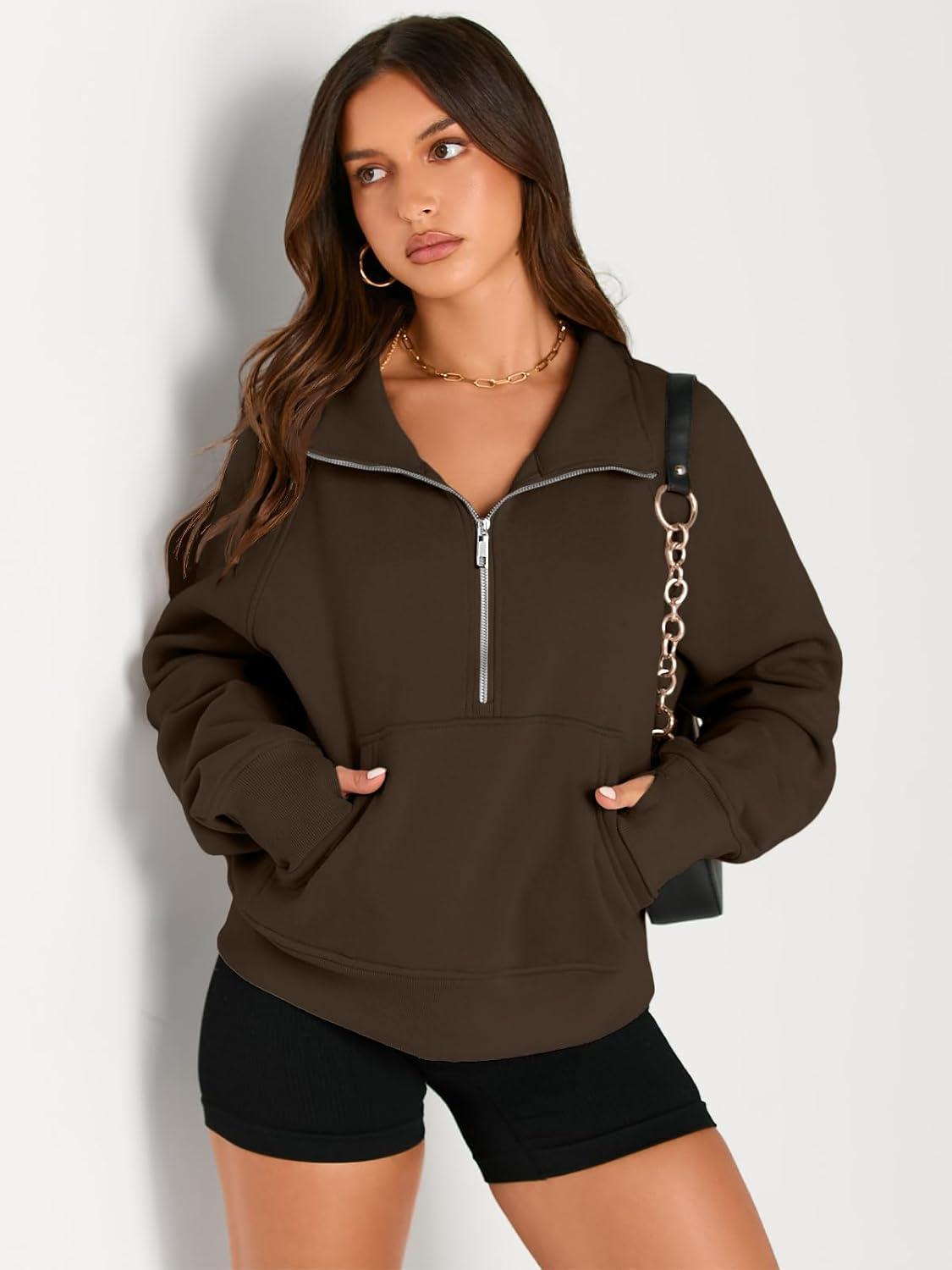 imageAUTOMET Womens Sweatshirts Half Zip Cropped Pullover Fleece Quarter Zipper Hoodies 2025 Fall Fashion Outfits ClothesCoffee
