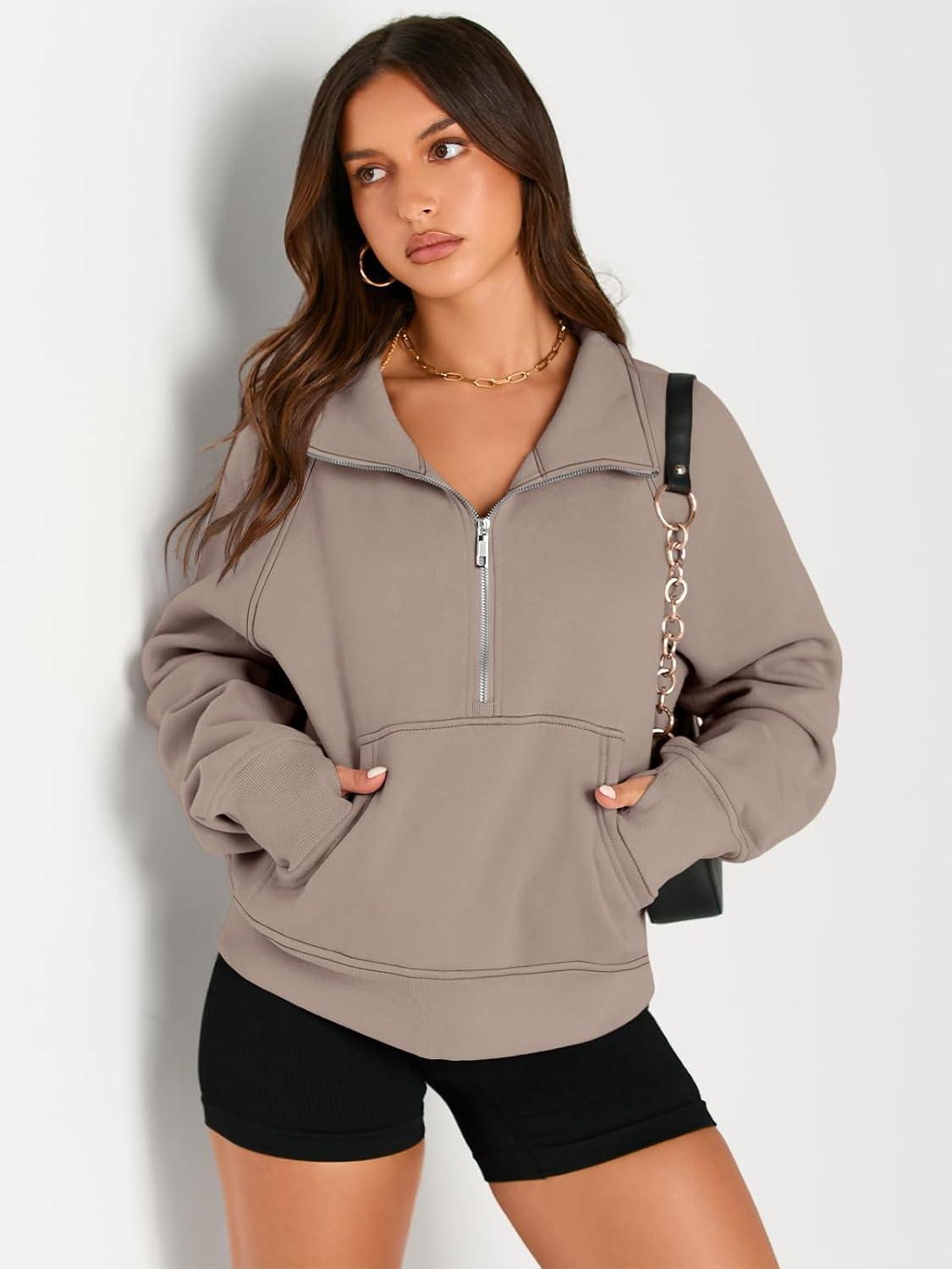 imageAUTOMET Womens Sweatshirts Half Zip Cropped Pullover Fleece Quarter Zipper Hoodies 2025 Fall Fashion Outfits ClothesCoffeegrey
