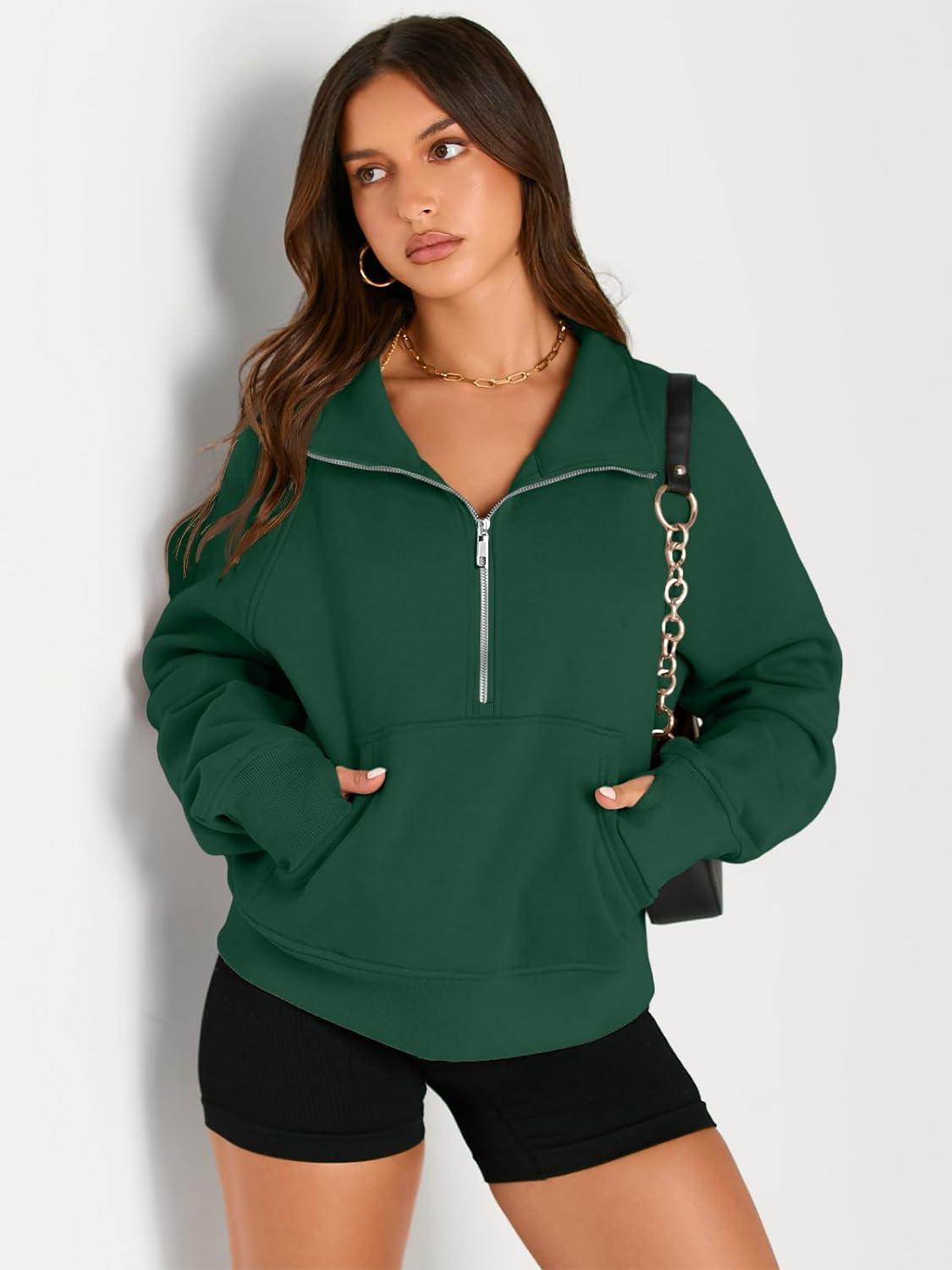 imageAUTOMET Womens Sweatshirts Half Zip Cropped Pullover Fleece Quarter Zipper Hoodies 2025 Fall Fashion Outfits ClothesDark Green