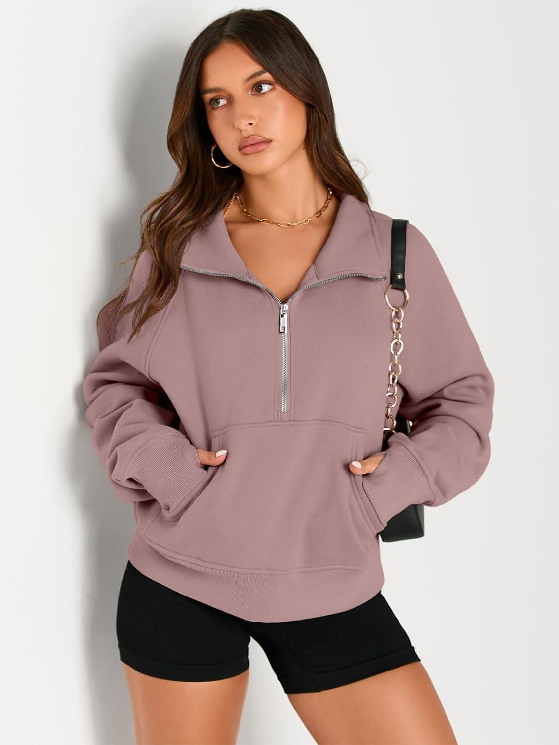 imageAUTOMET Womens Sweatshirts Half Zip Cropped Pullover Fleece Quarter Zipper Hoodies 2025 Fall Fashion Outfits ClothesDarkpink