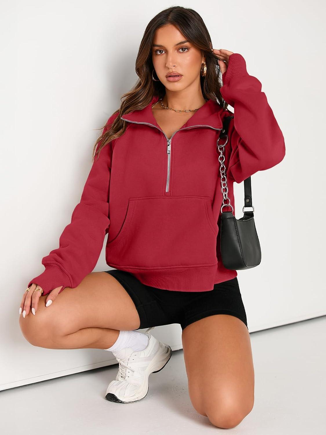 imageAUTOMET Womens Sweatshirts Half Zip Cropped Pullover Fleece Quarter Zipper Hoodies 2025 Fall Fashion Outfits ClothesFiery Red