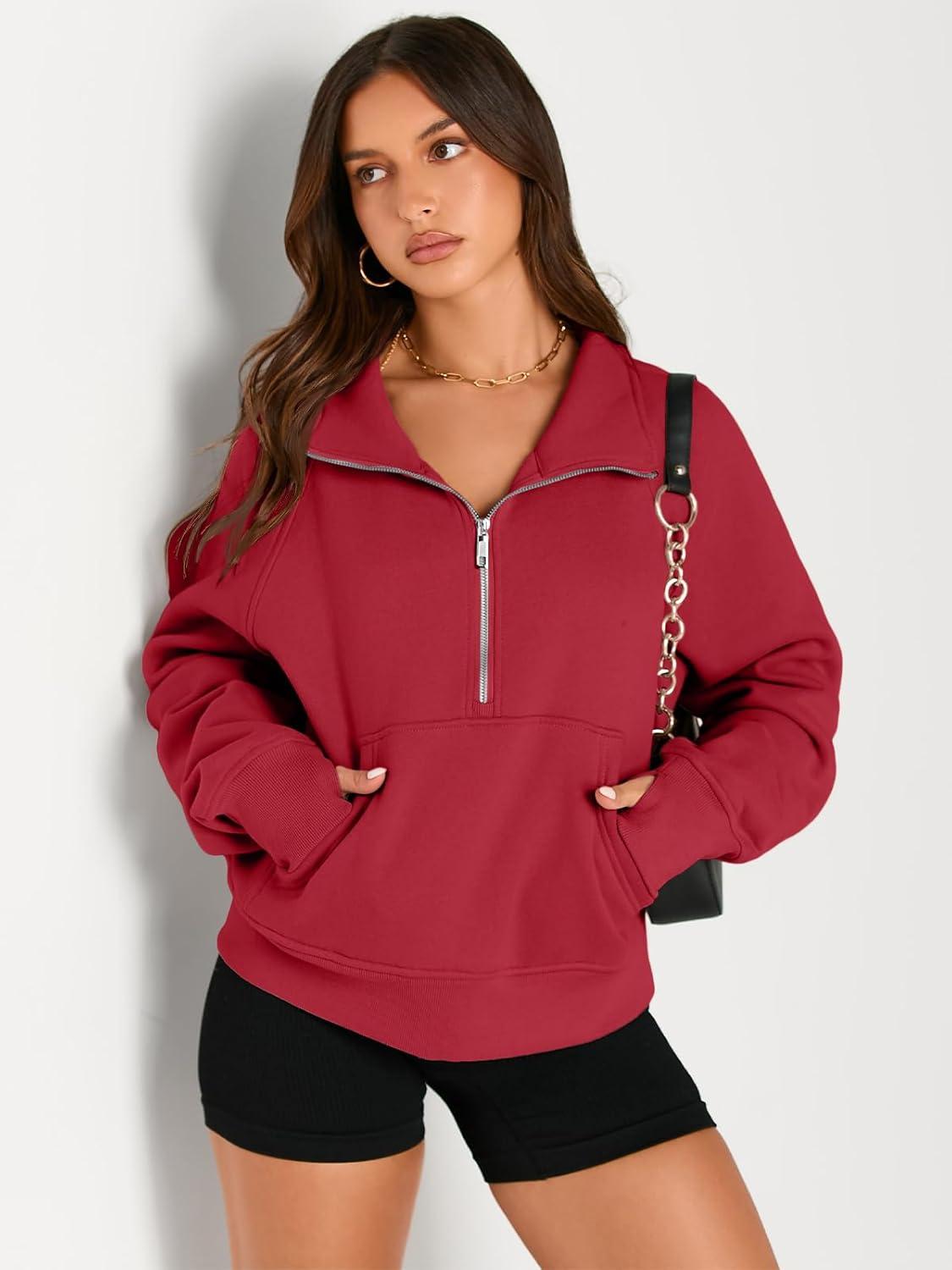 imageAUTOMET Womens Sweatshirts Half Zip Cropped Pullover Fleece Quarter Zipper Hoodies 2025 Fall Fashion Outfits ClothesFiery Red
