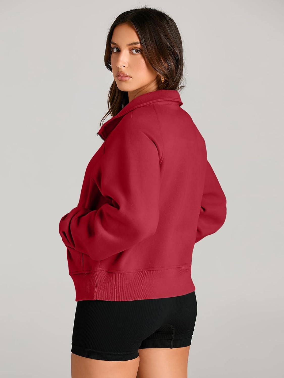 imageAUTOMET Womens Sweatshirts Half Zip Cropped Pullover Fleece Quarter Zipper Hoodies 2025 Fall Fashion Outfits ClothesFiery Red