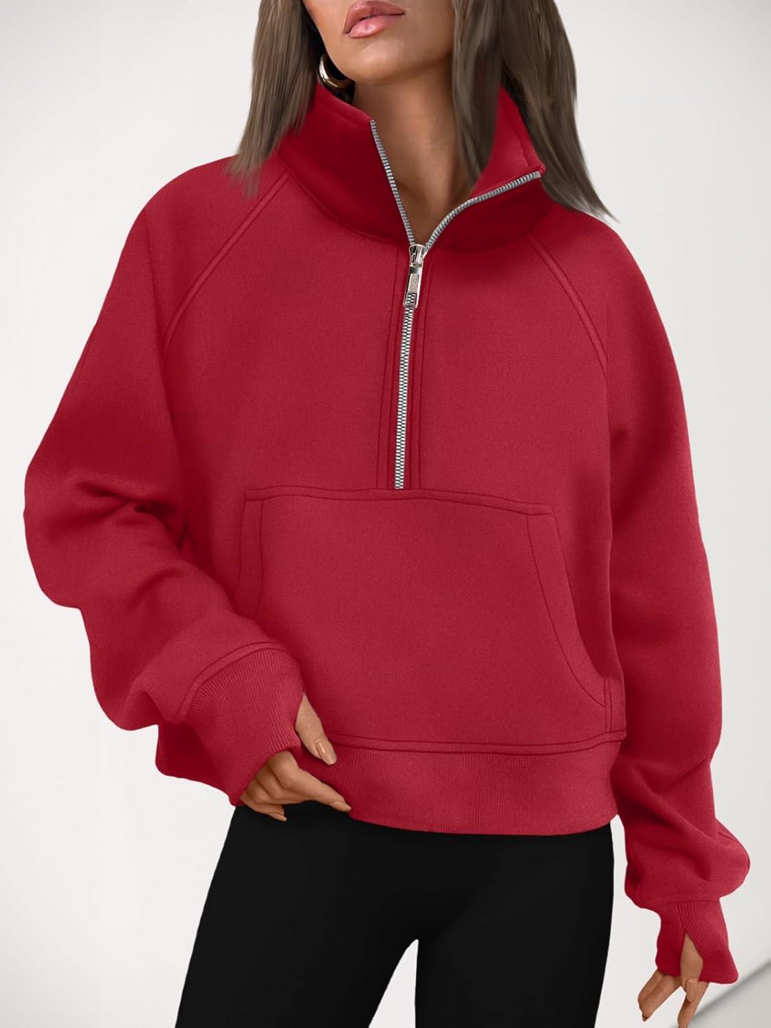 imageAUTOMET Womens Sweatshirts Half Zip Cropped Pullover Fleece Quarter Zipper Hoodies 2025 Fall Fashion Outfits ClothesFiery Red