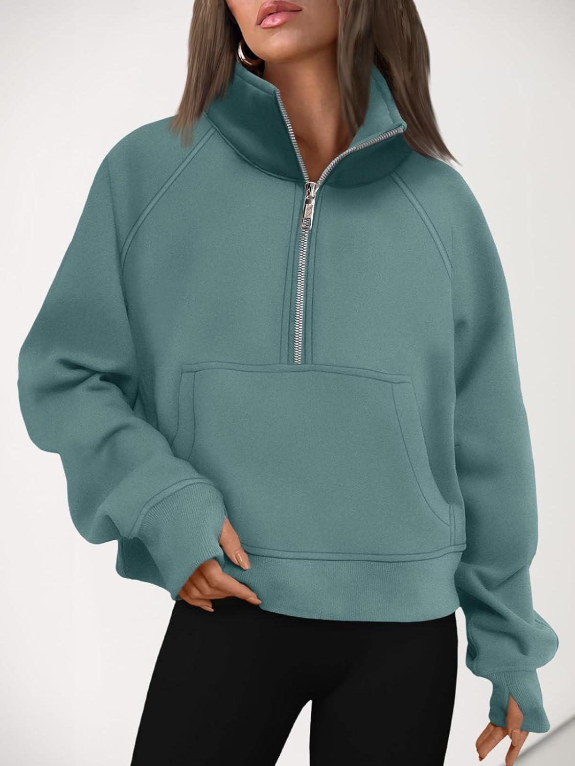 imageAUTOMET Womens Sweatshirts Half Zip Cropped Pullover Fleece Quarter Zipper Hoodies 2025 Fall Fashion Outfits ClothesGreen