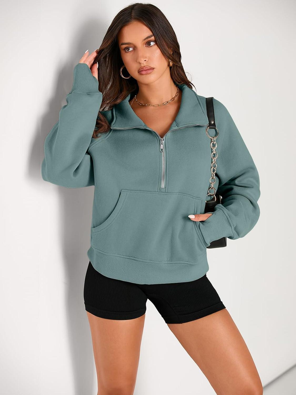 imageAUTOMET Womens Sweatshirts Half Zip Cropped Pullover Fleece Quarter Zipper Hoodies 2025 Fall Fashion Outfits ClothesGreen